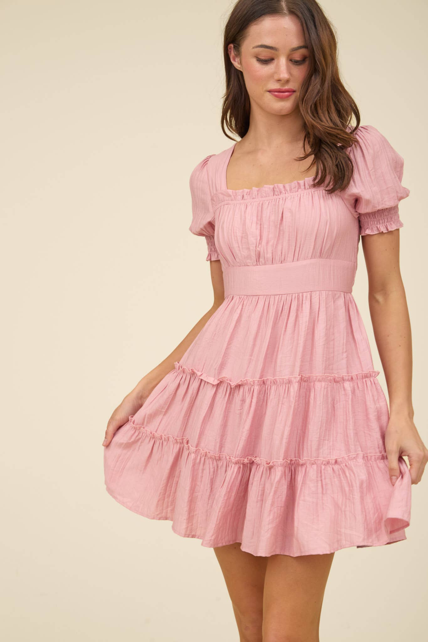 Blu Pepper Square Neck Smocked Tiered Mini Dress