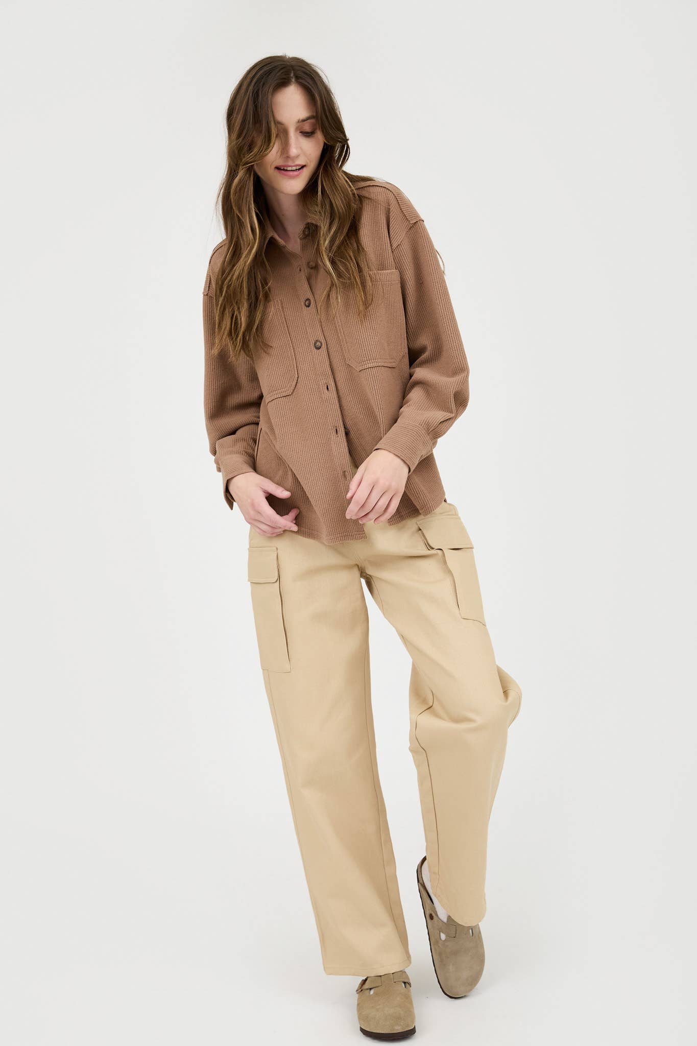 Blu Pepper Rib Knit Exposed Seam Button Up Top