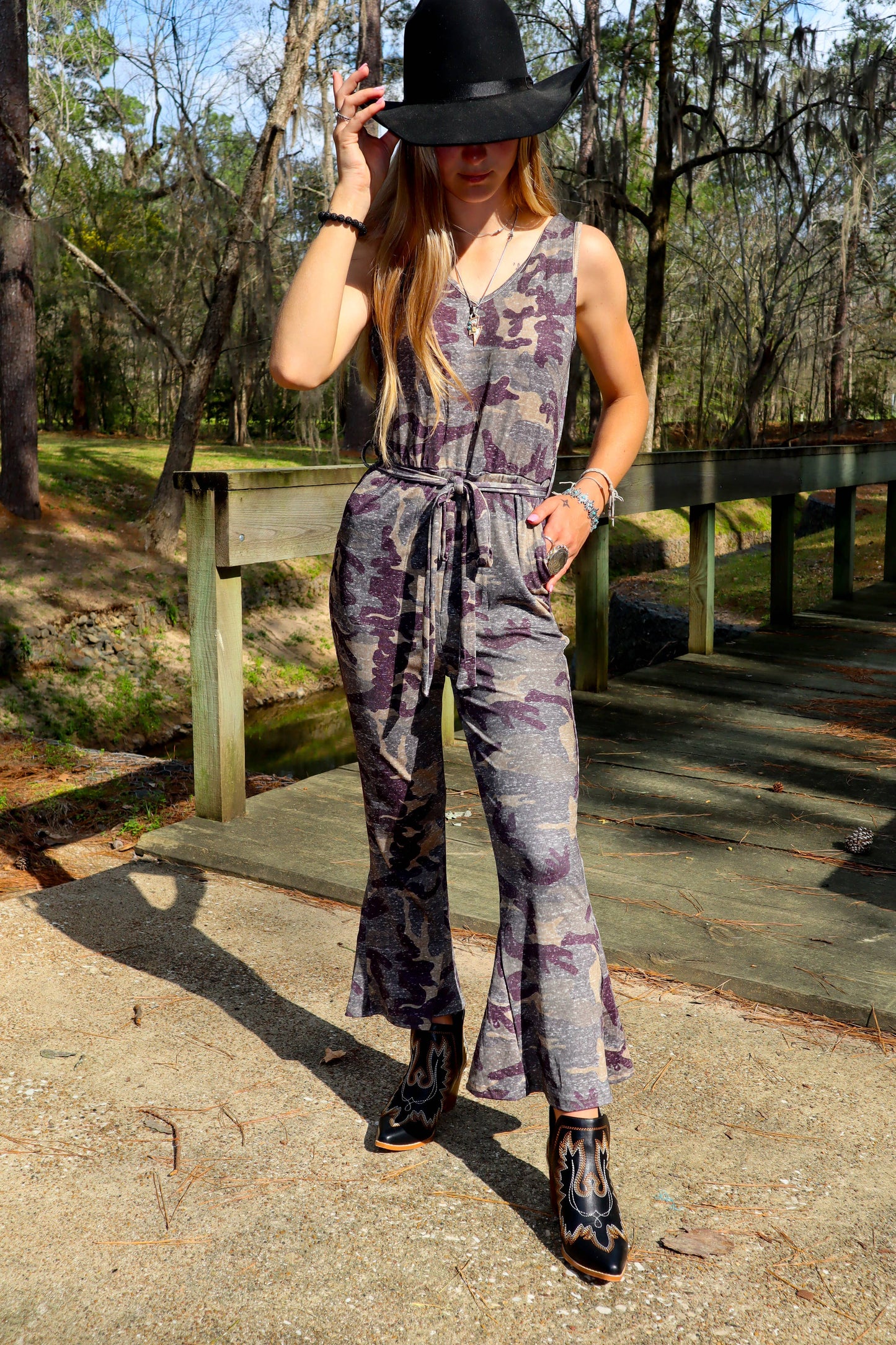Merigold Kiss Jewel Flare Leg Ribbed Jumpsuit