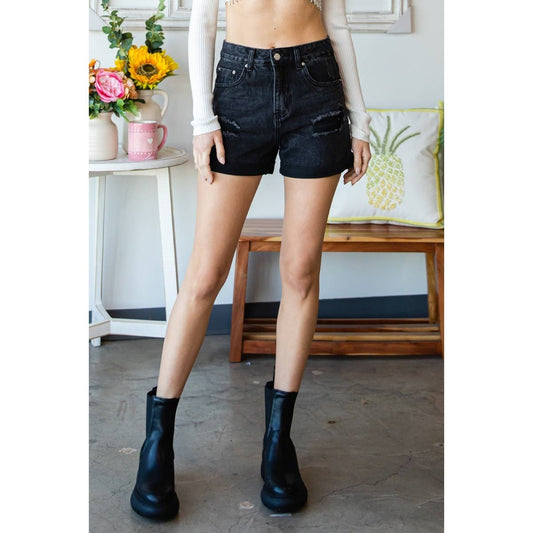 Veveret Color Washed Distressed Roll Up Denim Shorts