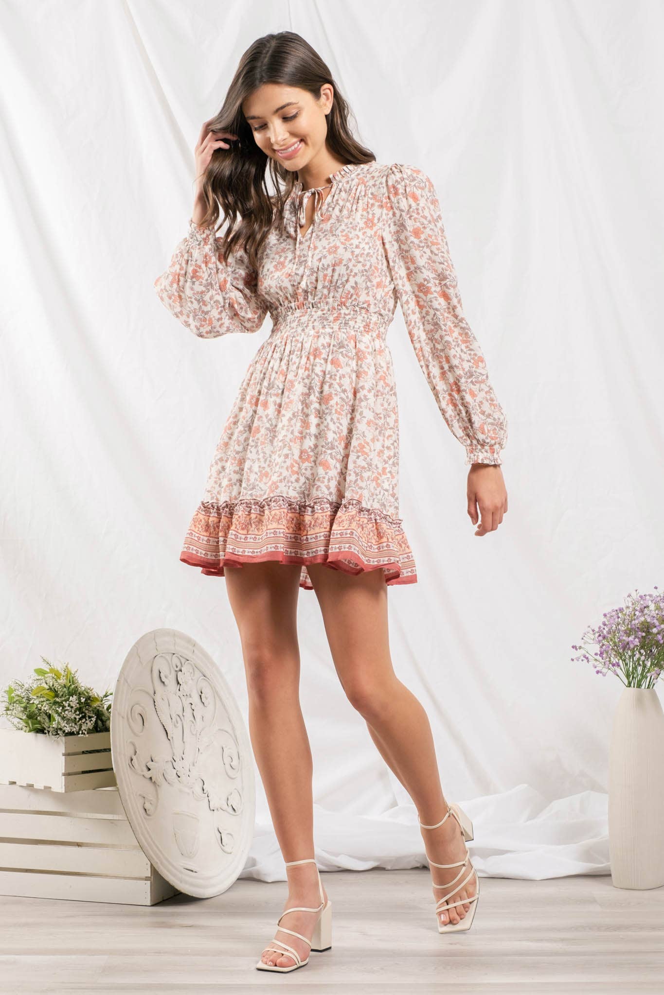Blu Pepper Empire Waist Border Long Sleeve Dress
