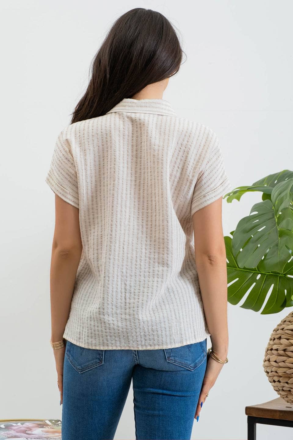Blu Pepper Stripe Collared Short Sleeve Linen Shirt - Khaki