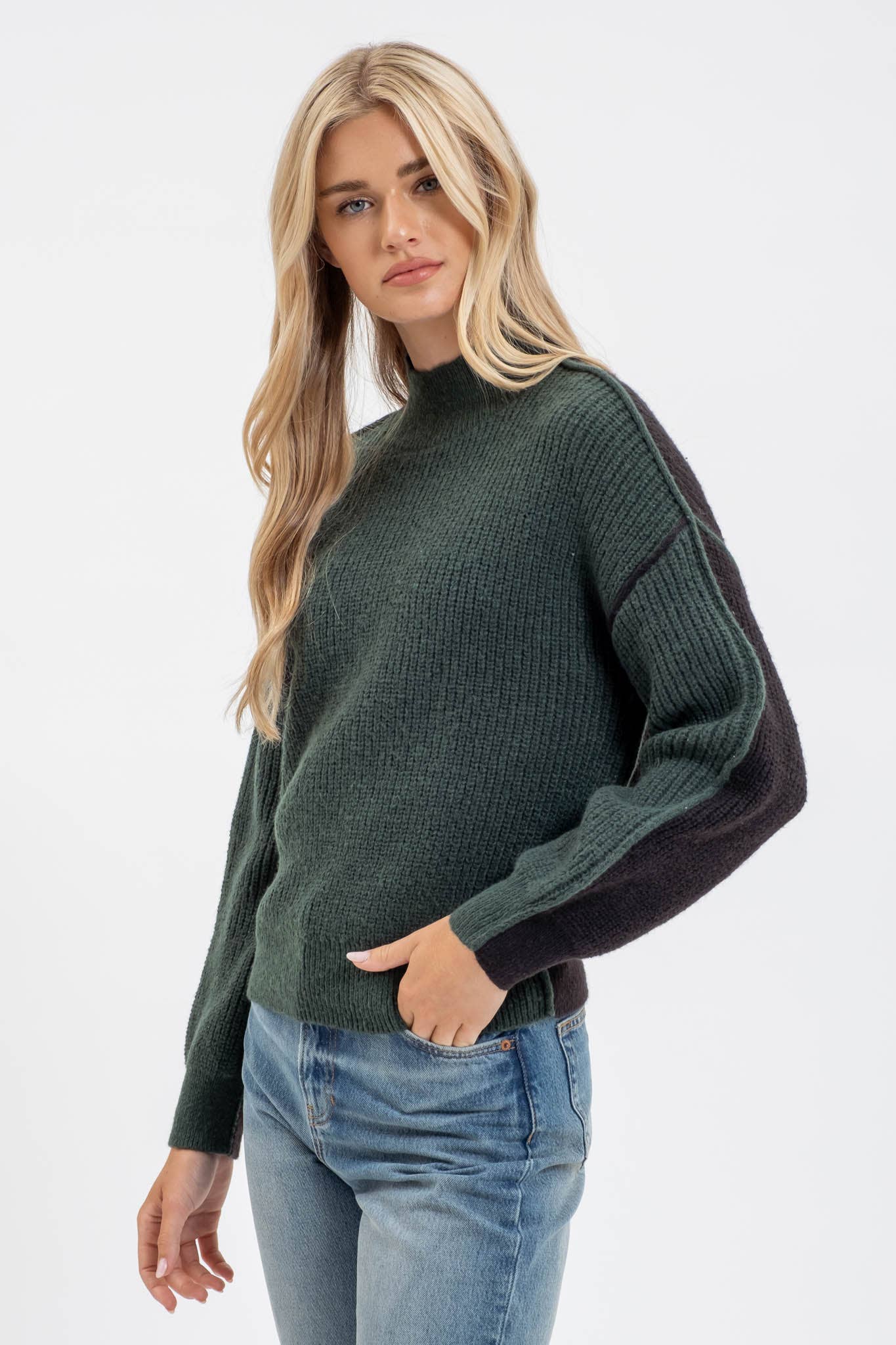Blu Pepper Colorblock Mock Neck Exposed Seam Knit Sweater