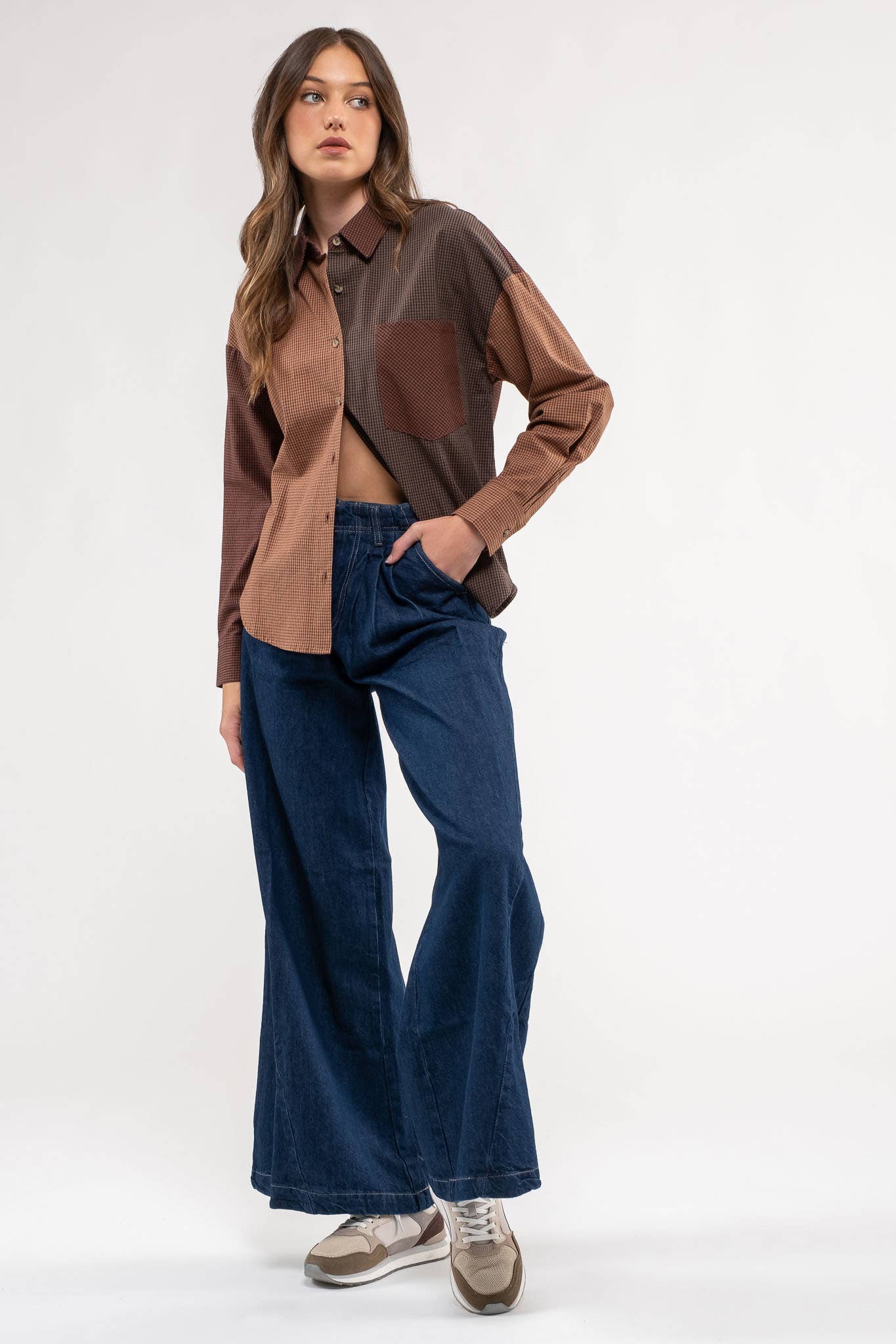 Blu Pepper Plaid Colorblock Button Down Top