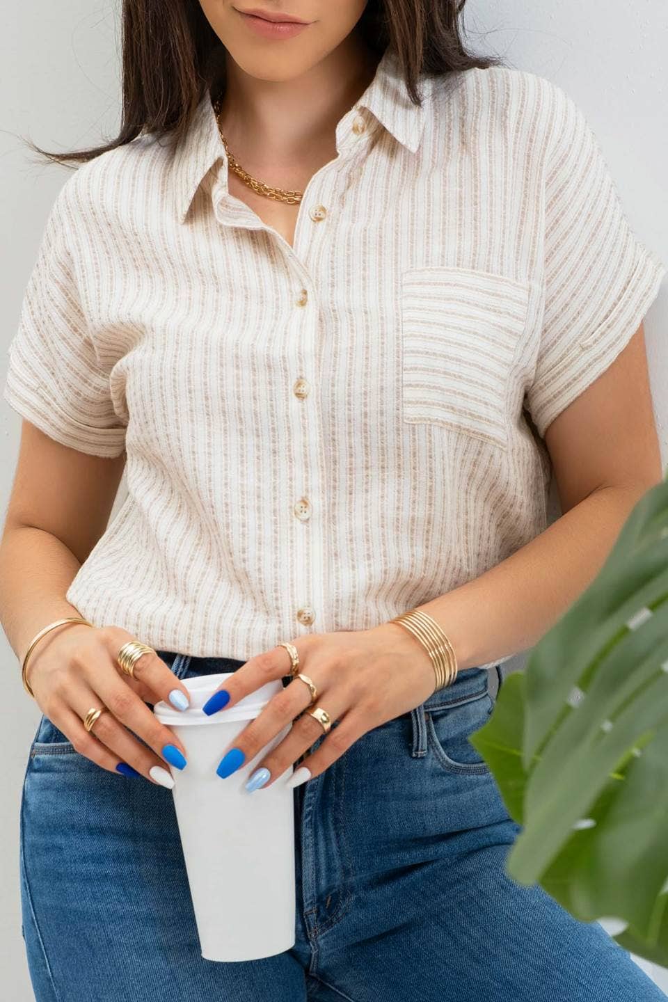 Blu Pepper Stripe Collared Short Sleeve Linen Shirt - Khaki