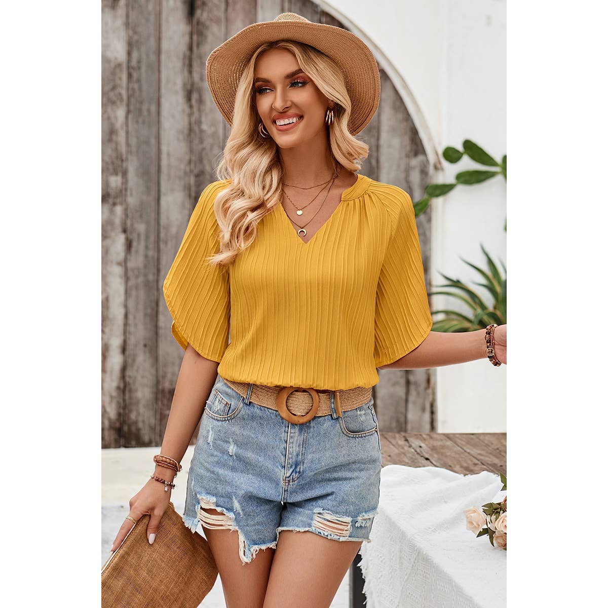 Elings Pleated V Neck Blouse