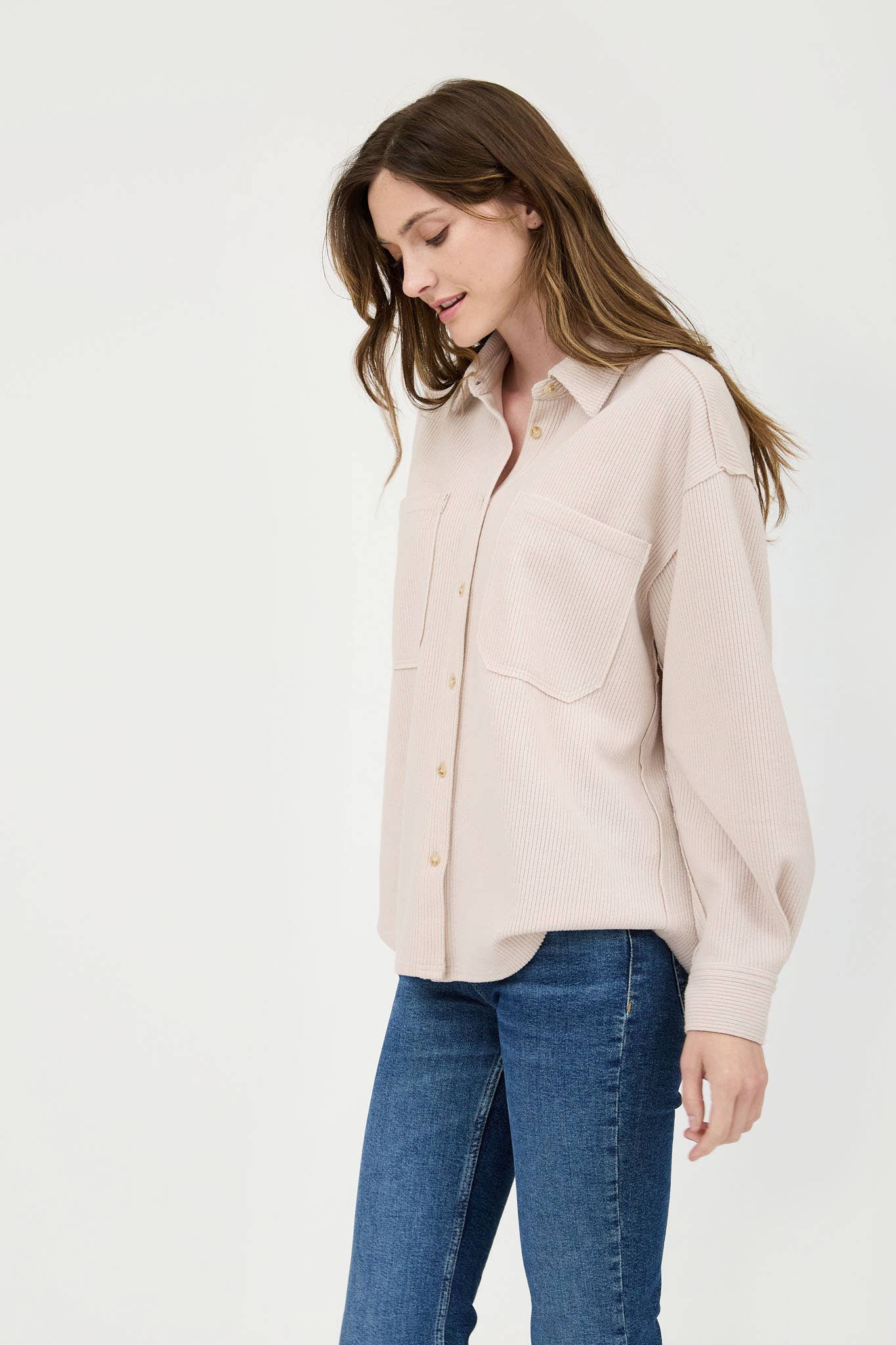 Blu Pepper Rib Knit Exposed Seam Button Up Top