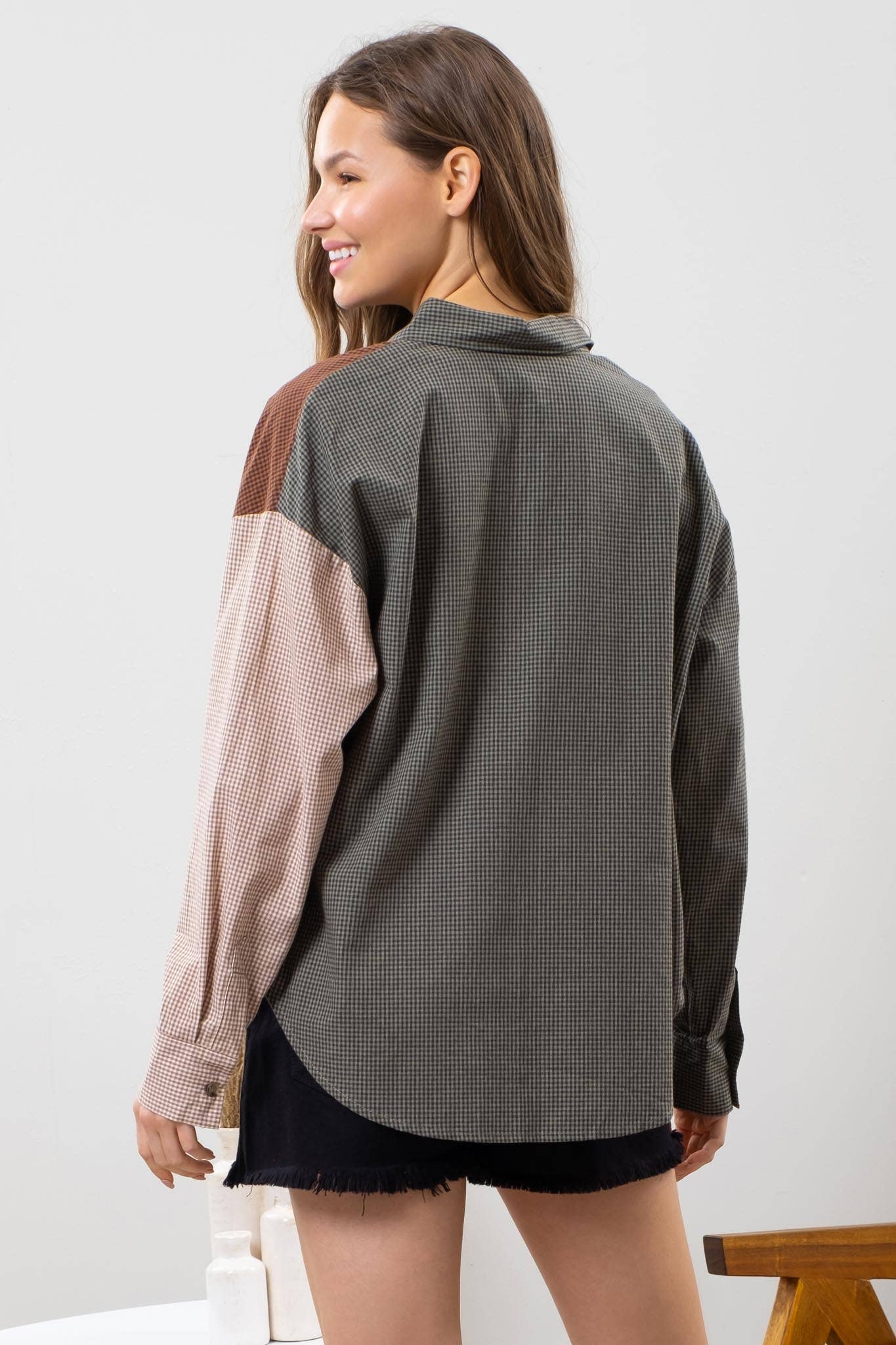 Blu Pepper Plaid Colorblock Button Down Top