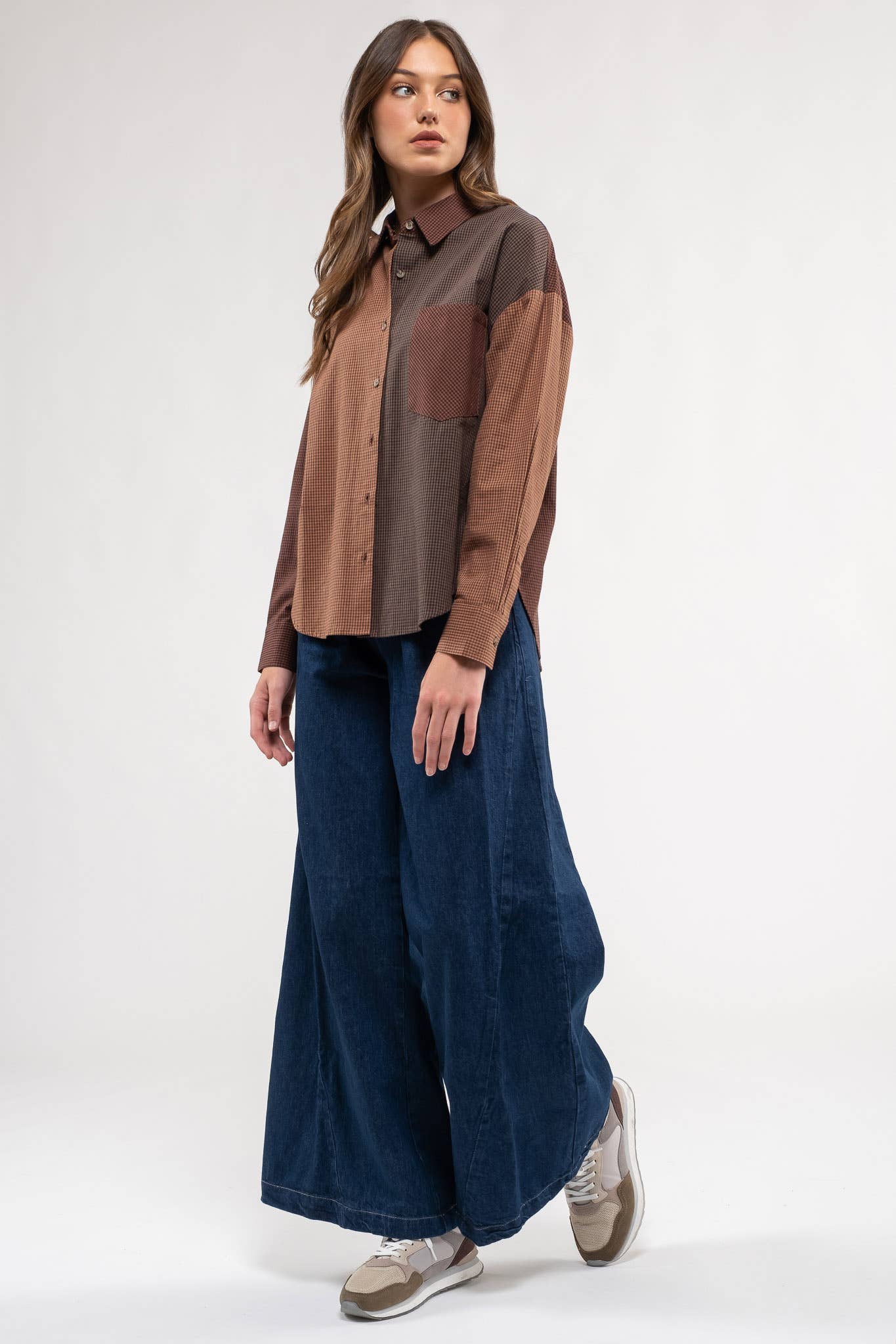 Blu Pepper Plaid Colorblock Button Down Top