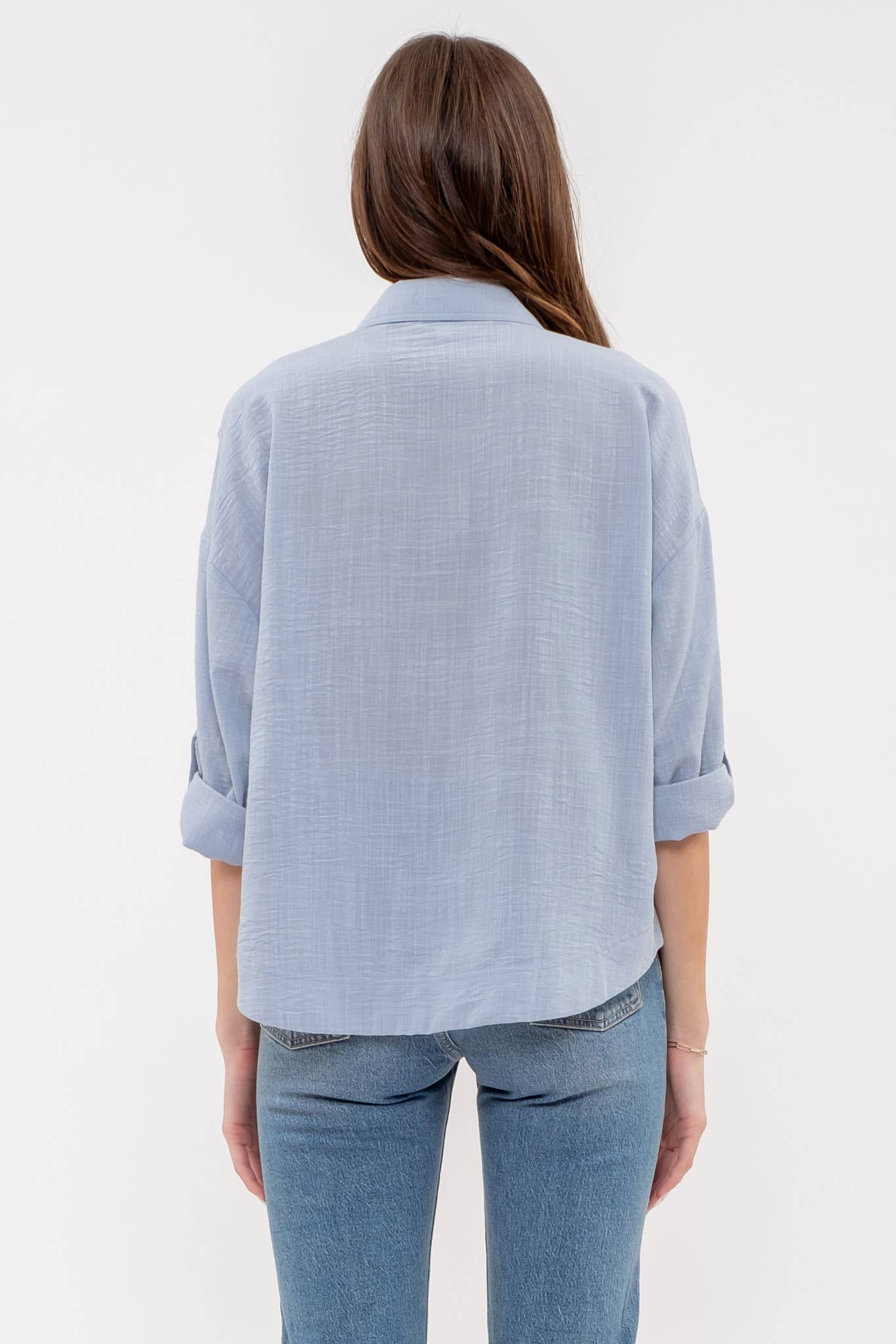 Blu Pepper Lightweight Collared Button Down 3/4 Sleeve Shirt - Blue