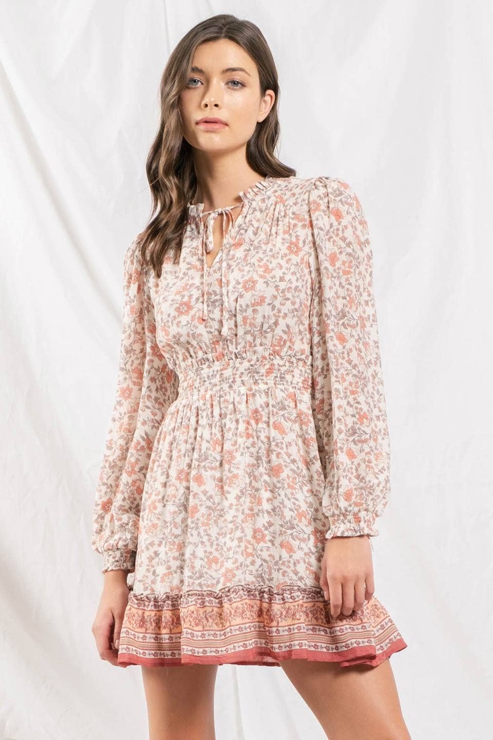Blu Pepper Empire Waist Border Long Sleeve Dress