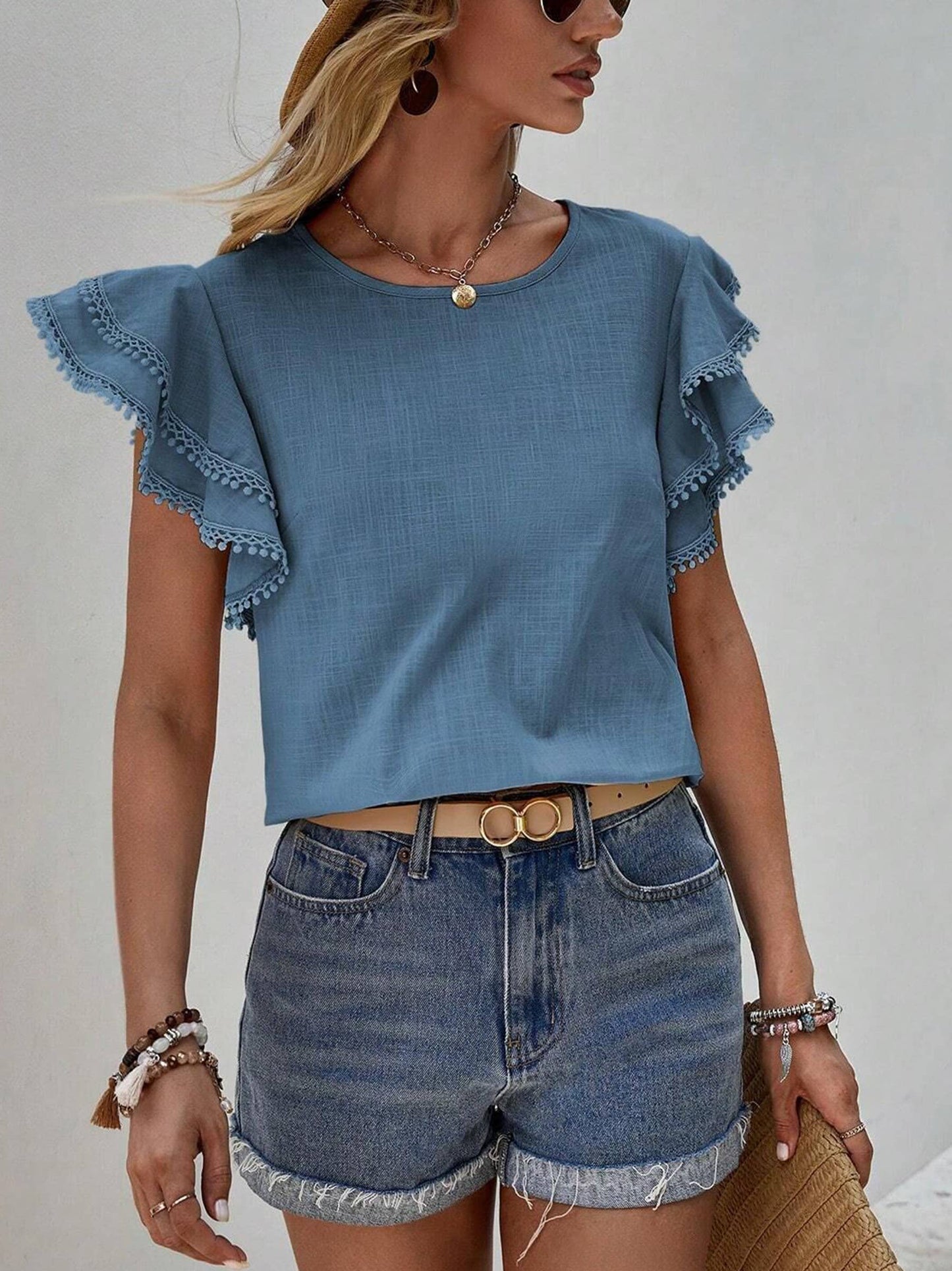 Round Neck Loose Ruffle Short Sleeved Top For Women