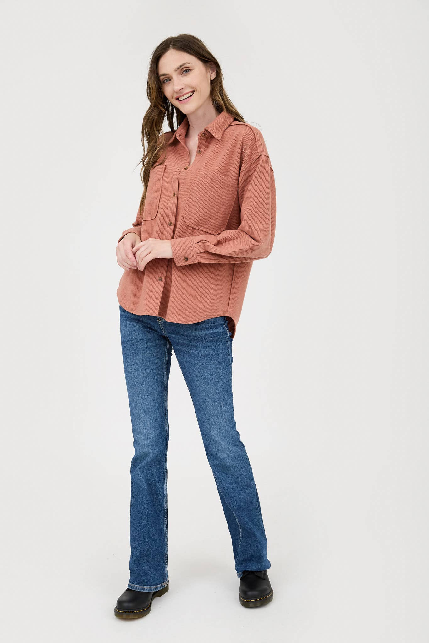 Blu Pepper Rib Knit Exposed Seam Button Up Top