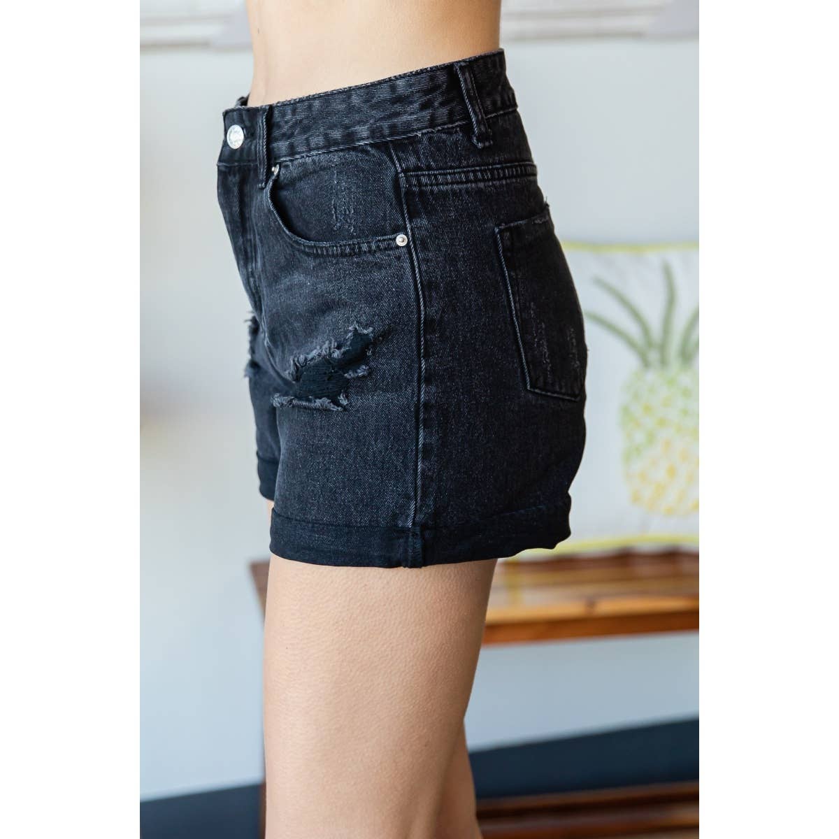 Veveret Color Washed Distressed Roll Up Denim Shorts