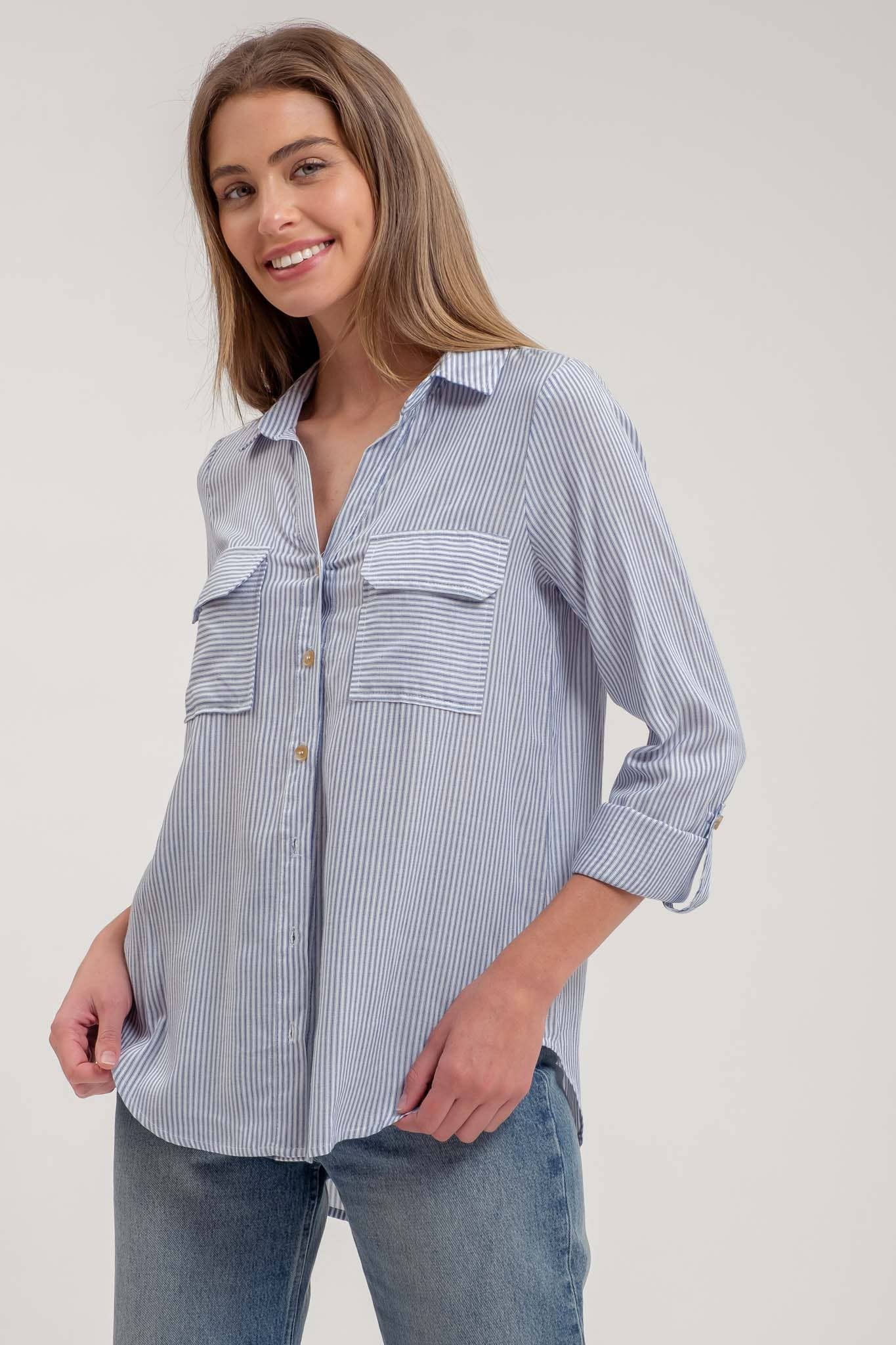 Blu Pepper Striped Collared Button Down with Pockets