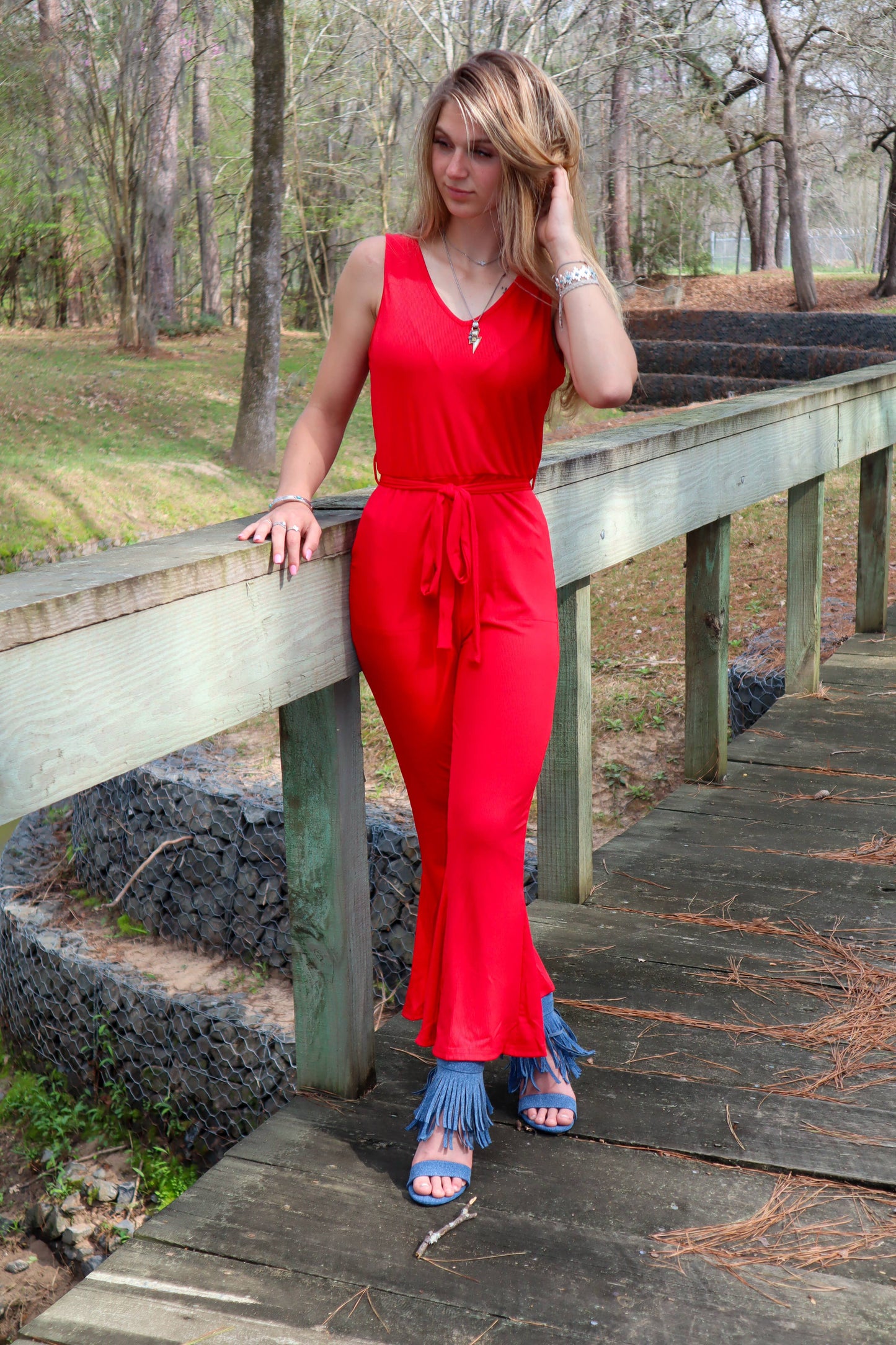 Merigold Kiss Jewel Flare Leg Ribbed Jumpsuit