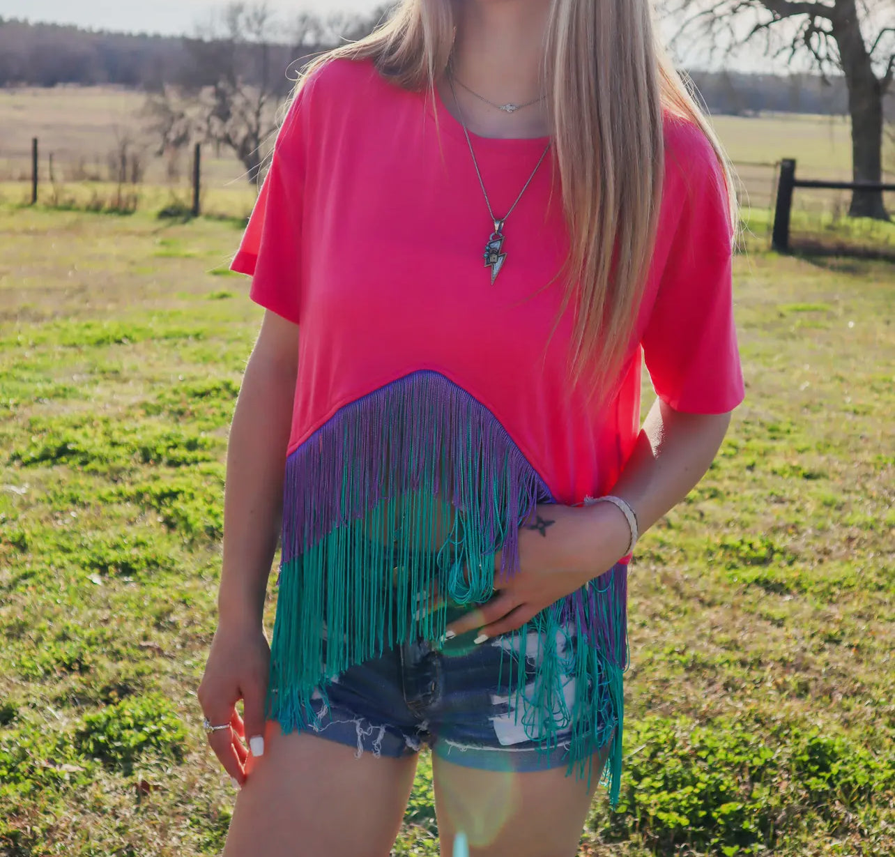 Merigold Kiss Pink Fringe Top