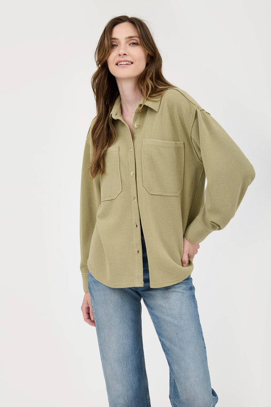 Blu Pepper Rib Knit Exposed Seam Button Up Top