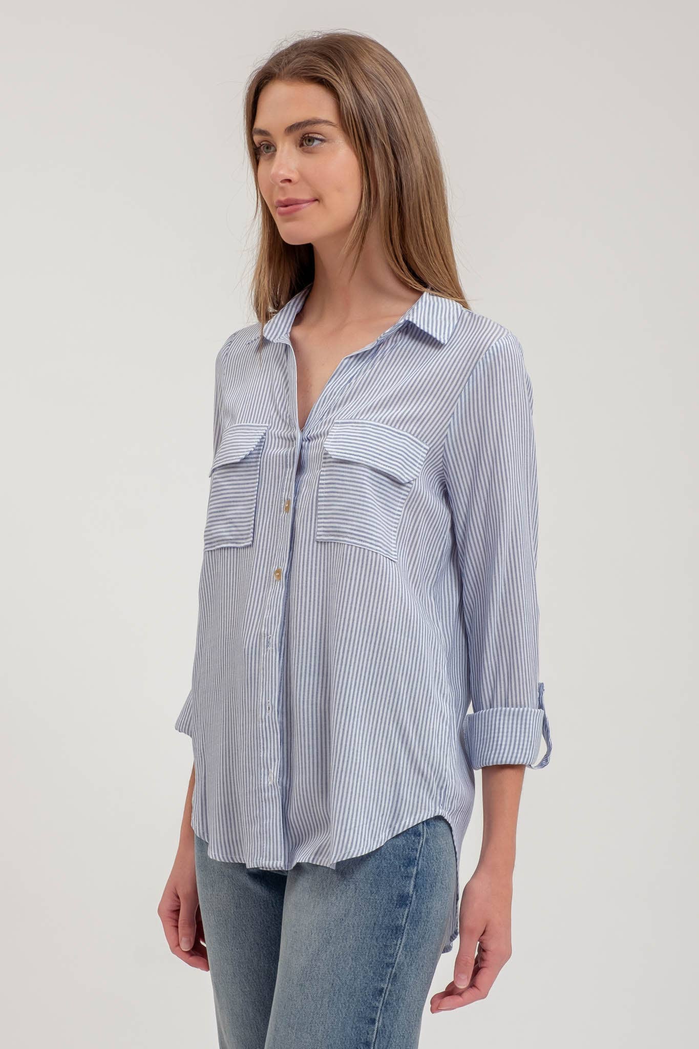 Blu Pepper Striped Collared Button Down with Pockets