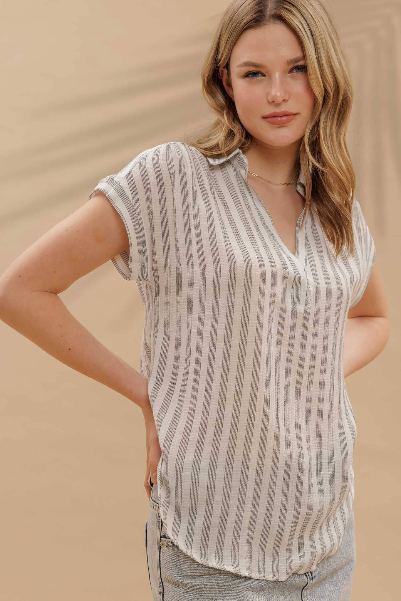 Blu Pepper Striped Collared Cuff Sleeve Lightweight Shirt