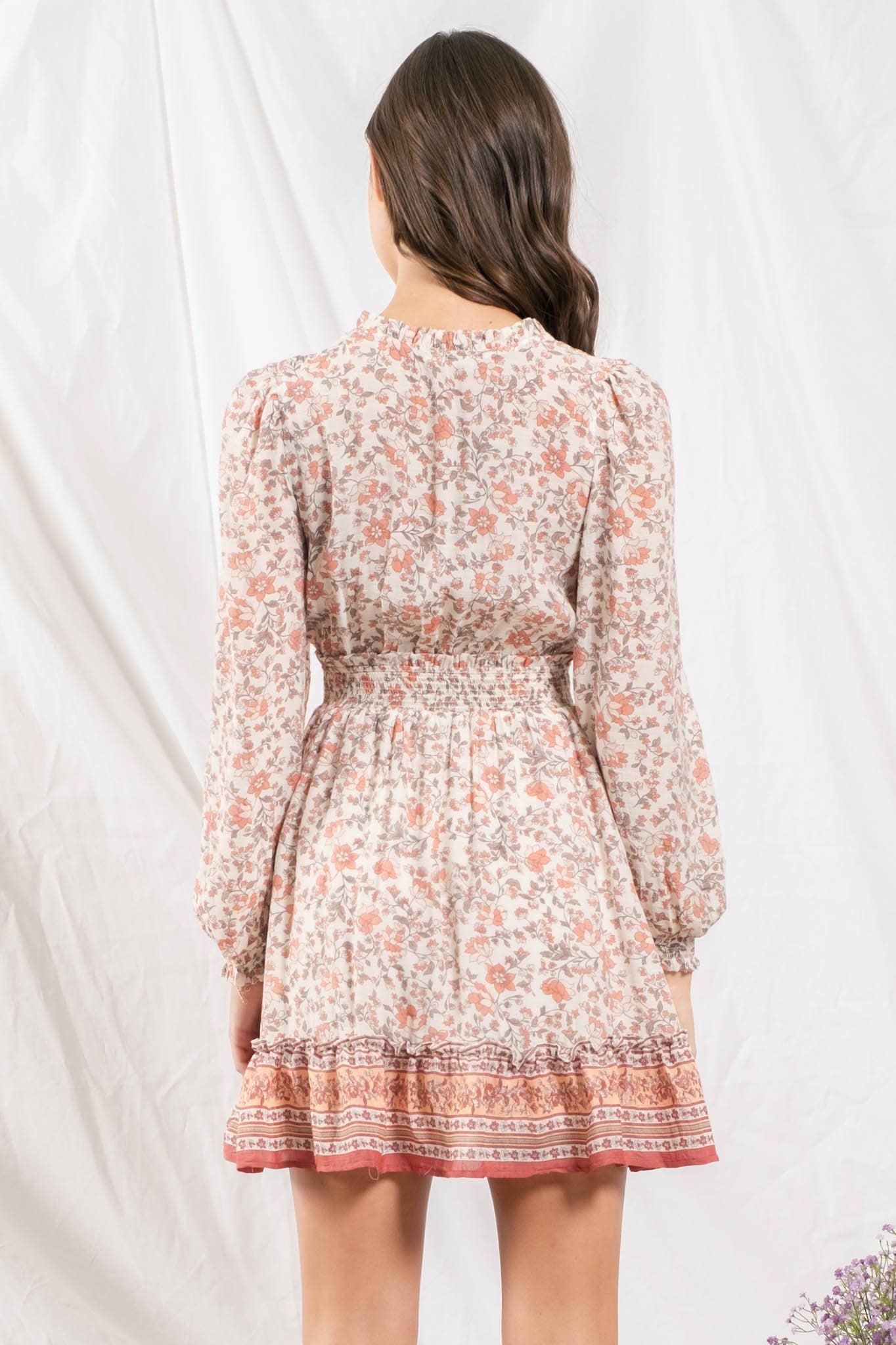 Blu Pepper Empire Waist Border Long Sleeve Dress