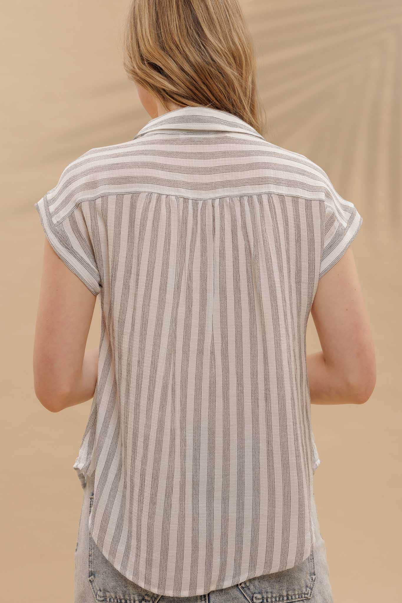 Blu Pepper Striped Collared Cuff Sleeve Lightweight Shirt