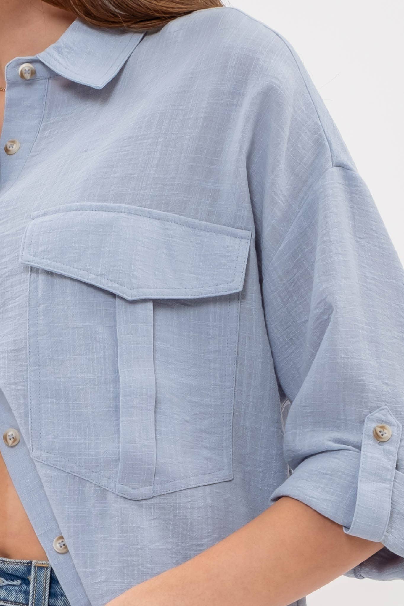 Blu Pepper Lightweight Collared Button Down 3/4 Sleeve Shirt - Blue