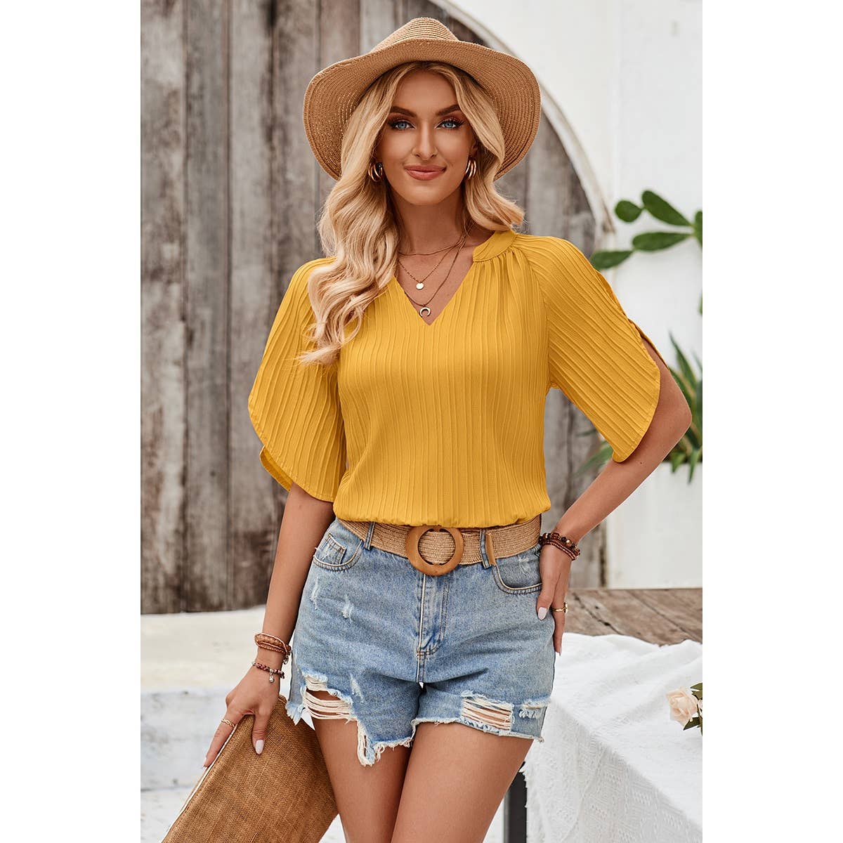 Elings Pleated V Neck Blouse