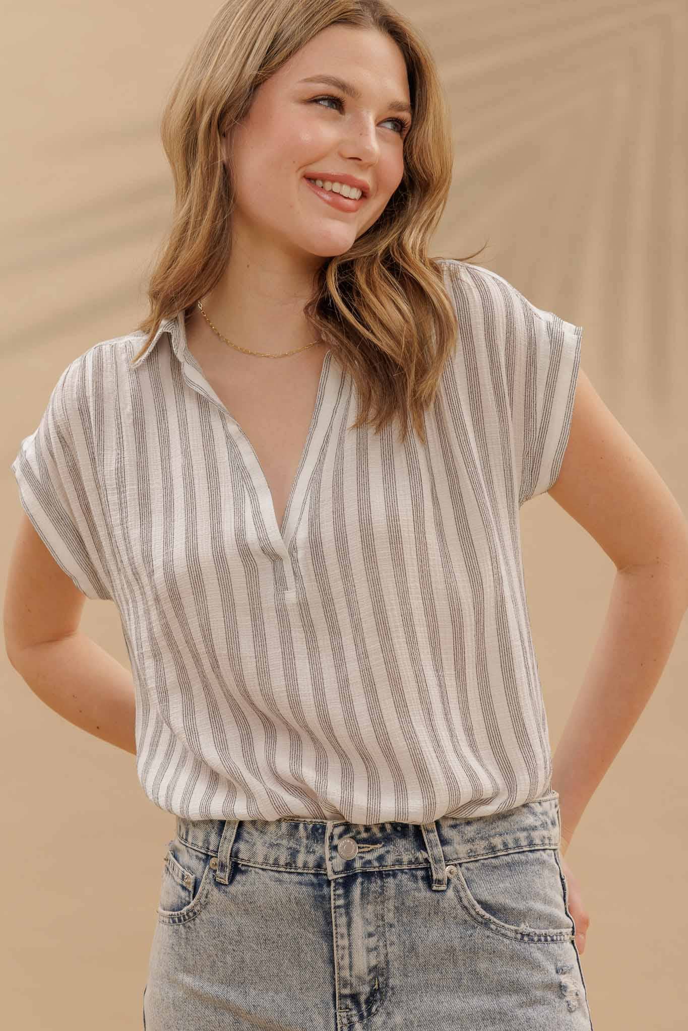 Blu Pepper Striped Collared Cuff Sleeve Lightweight Shirt