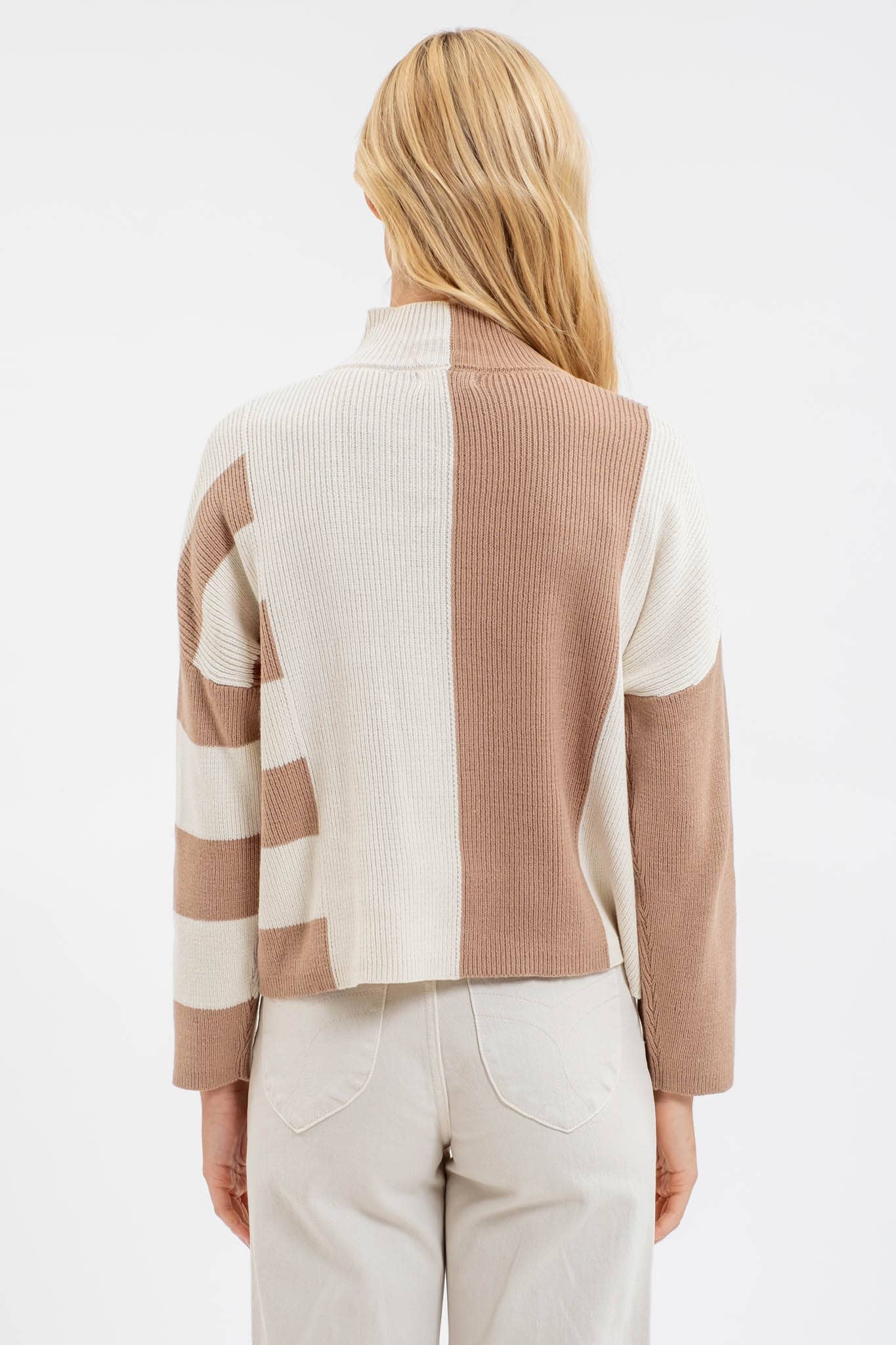 Blu Pepper Colorblock Mock Neck Sweater (Beige & White)