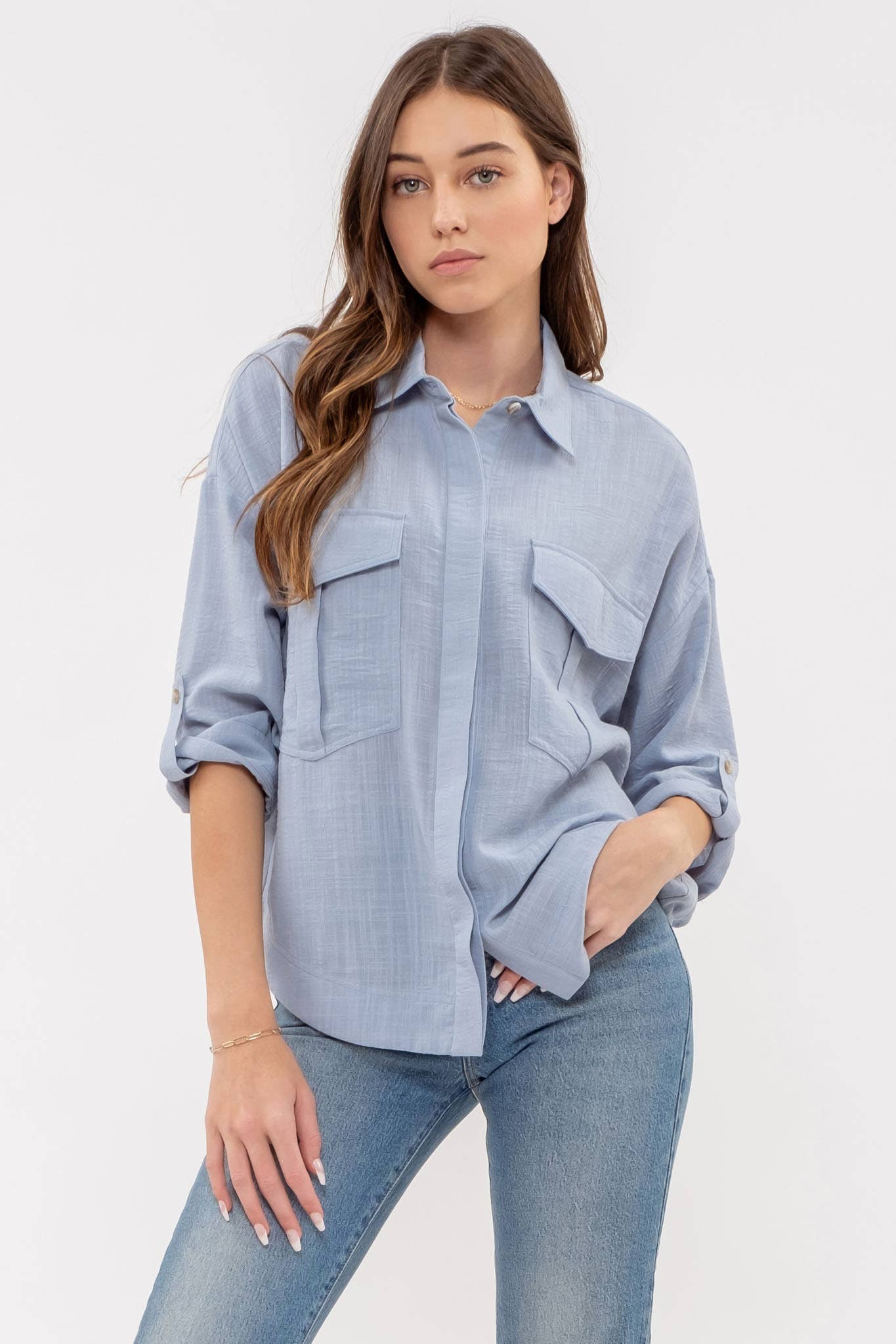 Blu Pepper Lightweight Collared Button Down 3/4 Sleeve Shirt - Blue