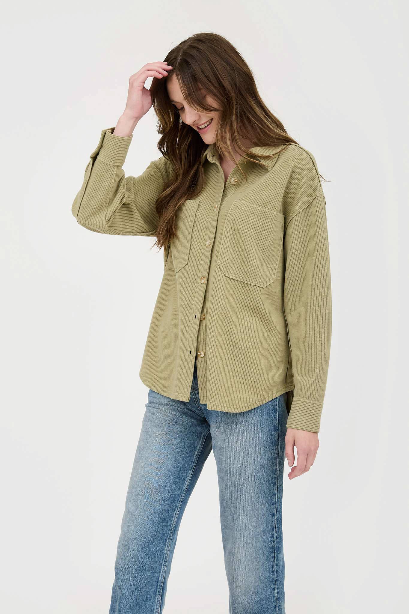 Blu Pepper Rib Knit Exposed Seam Button Up Top