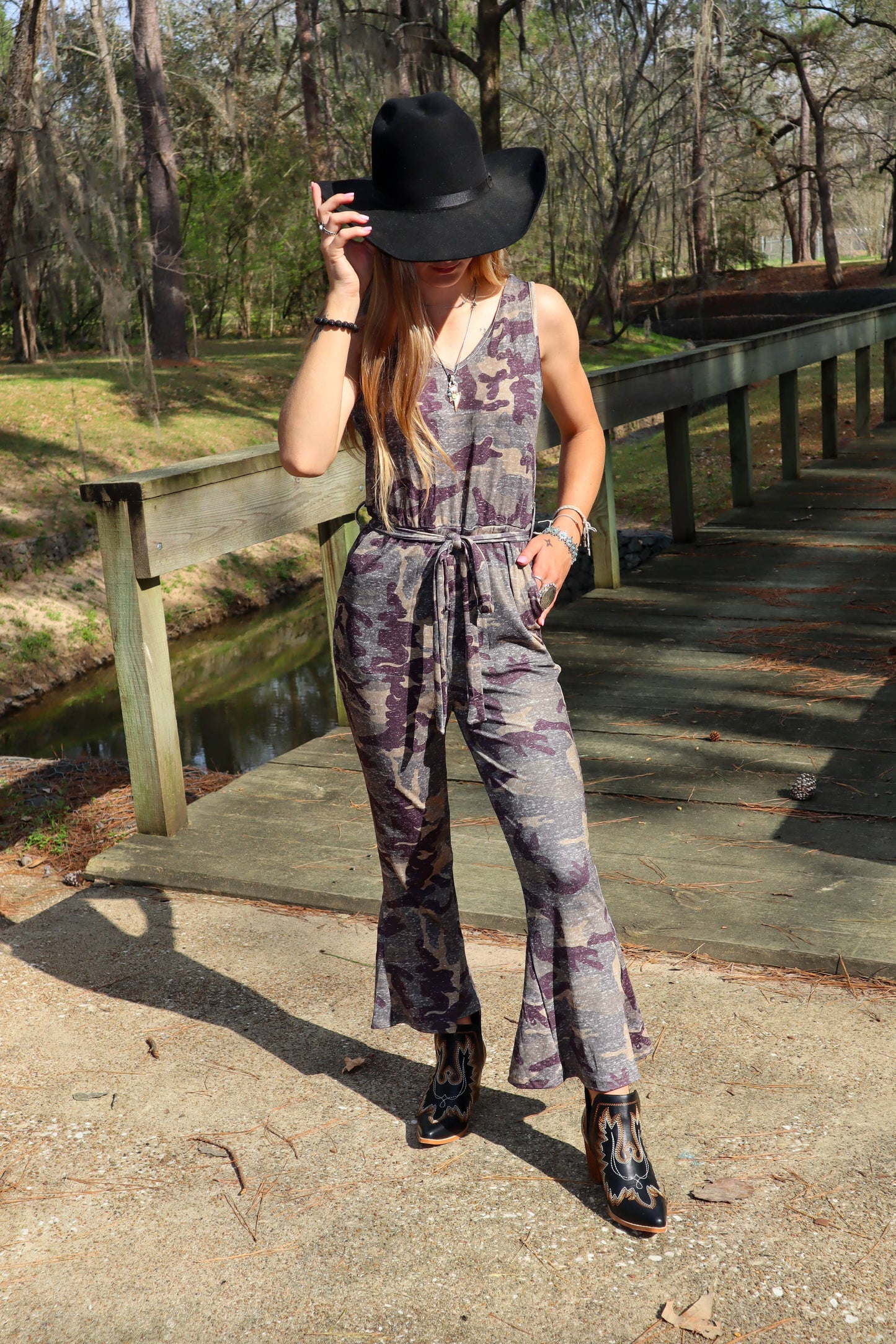 Merigold Kiss Jewel Flare Leg Ribbed Jumpsuit