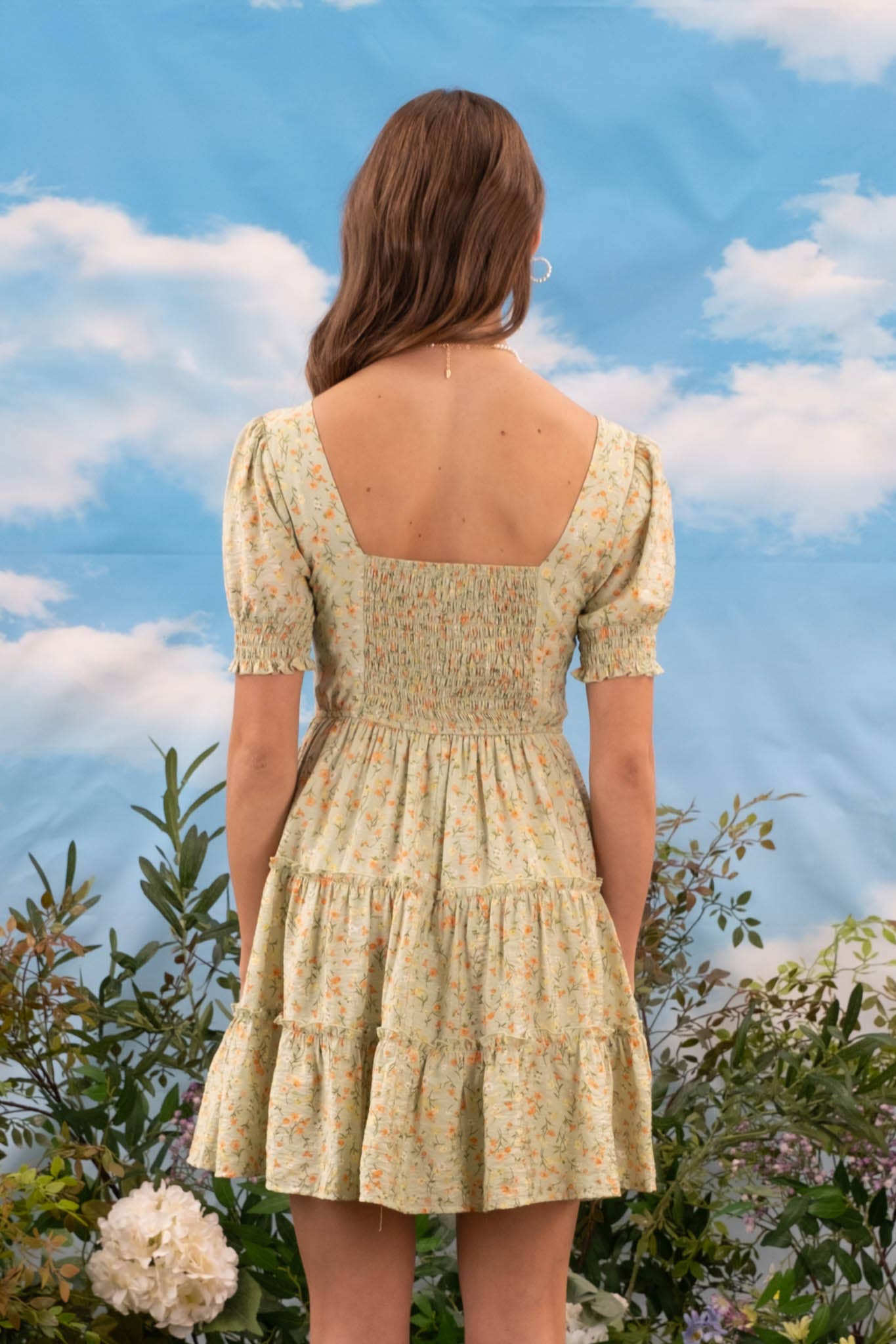 Mine Floral Square Neck Puff Sleeve Tiered Dress