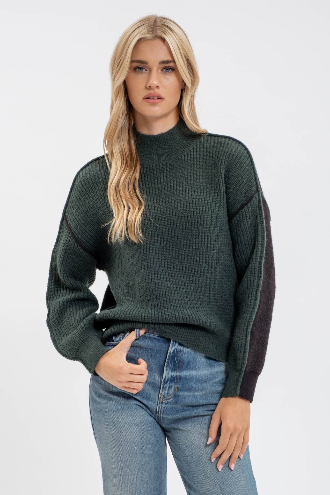 Blu Pepper Colorblock Mock Neck Exposed Seam Knit Sweater