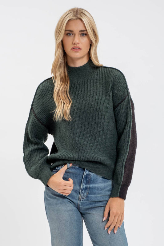 Blu Pepper Colorblock Mock Neck Exposed Seam Knit Sweater