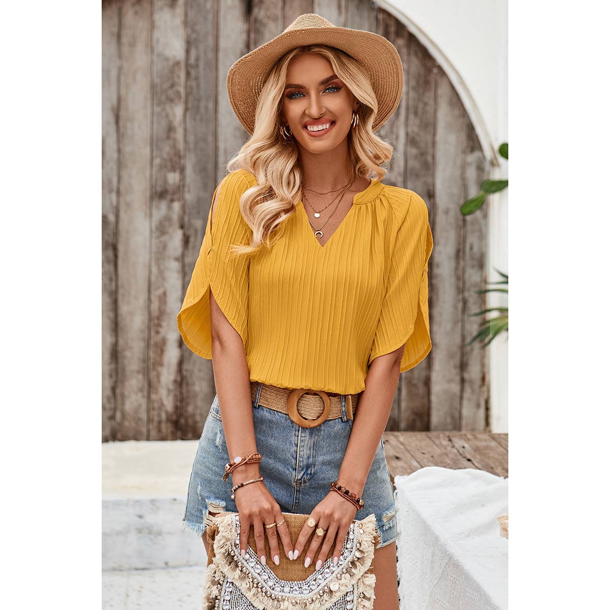 Elings Pleated V Neck Blouse