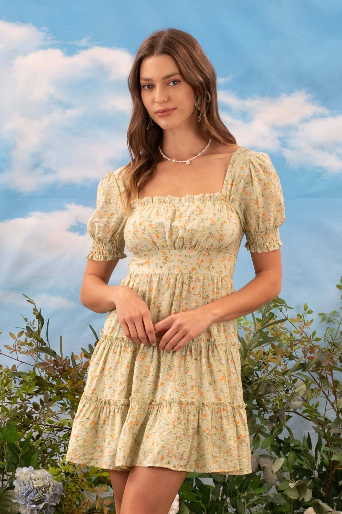 Mine Floral Square Neck Puff Sleeve Tiered Dress