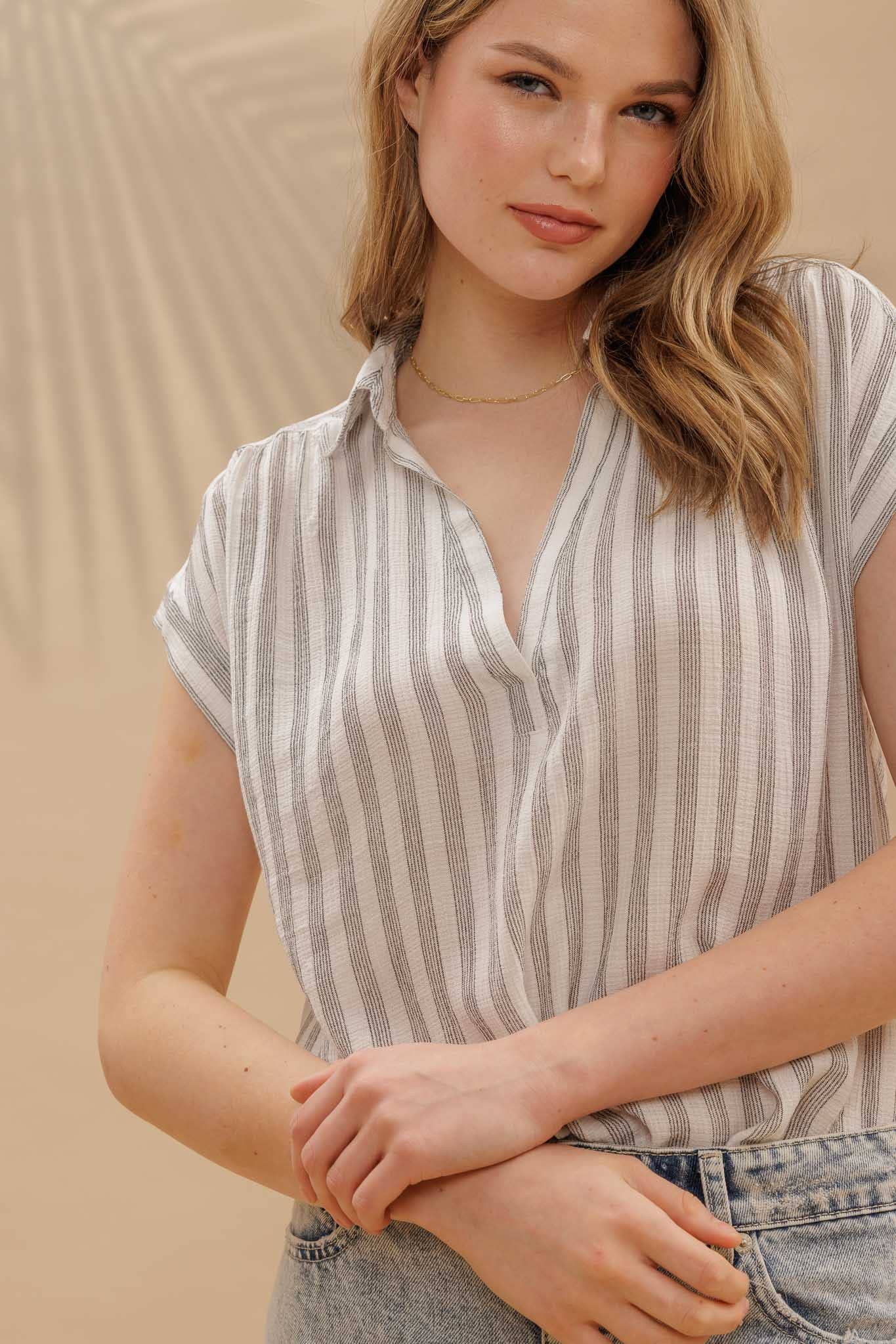 Blu Pepper Striped Collared Cuff Sleeve Lightweight Shirt