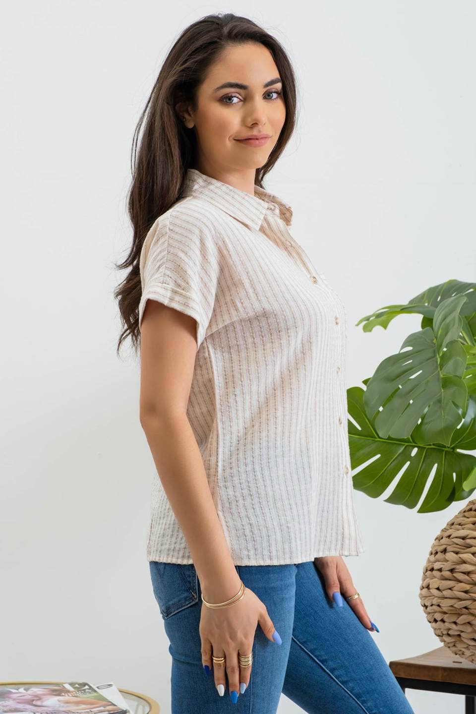 Blu Pepper Stripe Collared Short Sleeve Linen Shirt - Khaki