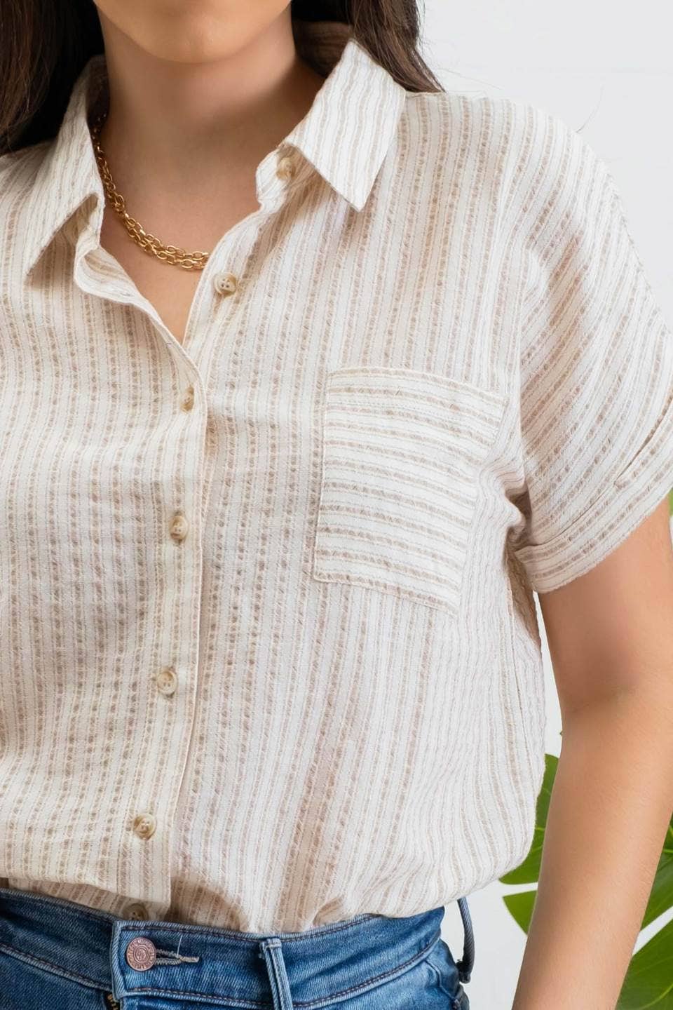 Blu Pepper Stripe Collared Short Sleeve Linen Shirt - Khaki
