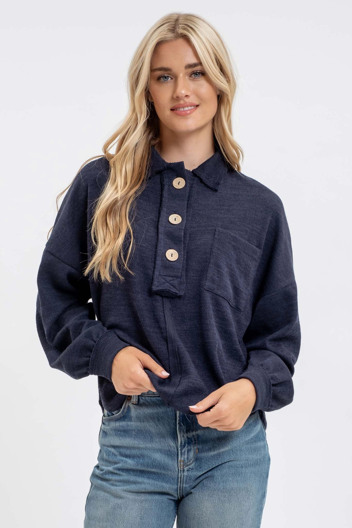 Blu Pepper Collared Raw Edge Knit Top