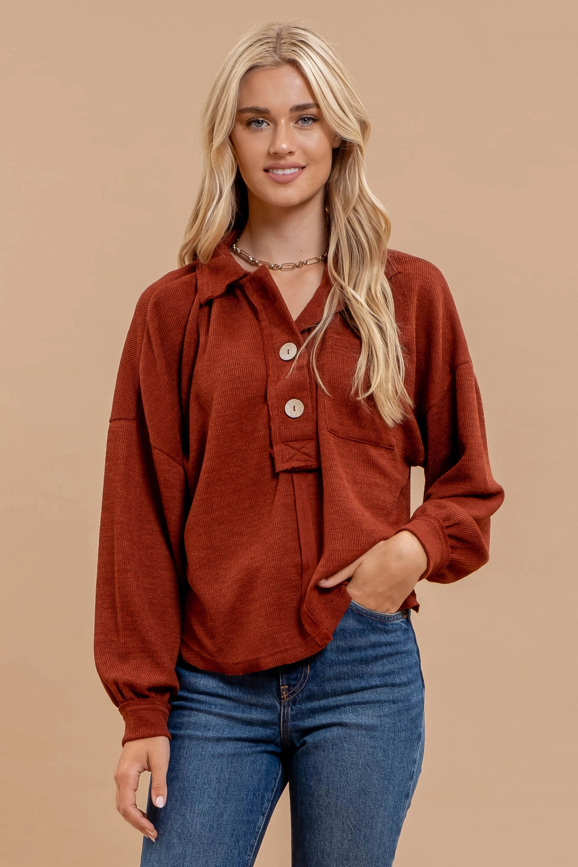 Blu Pepper Collared Raw Edge Knit Top