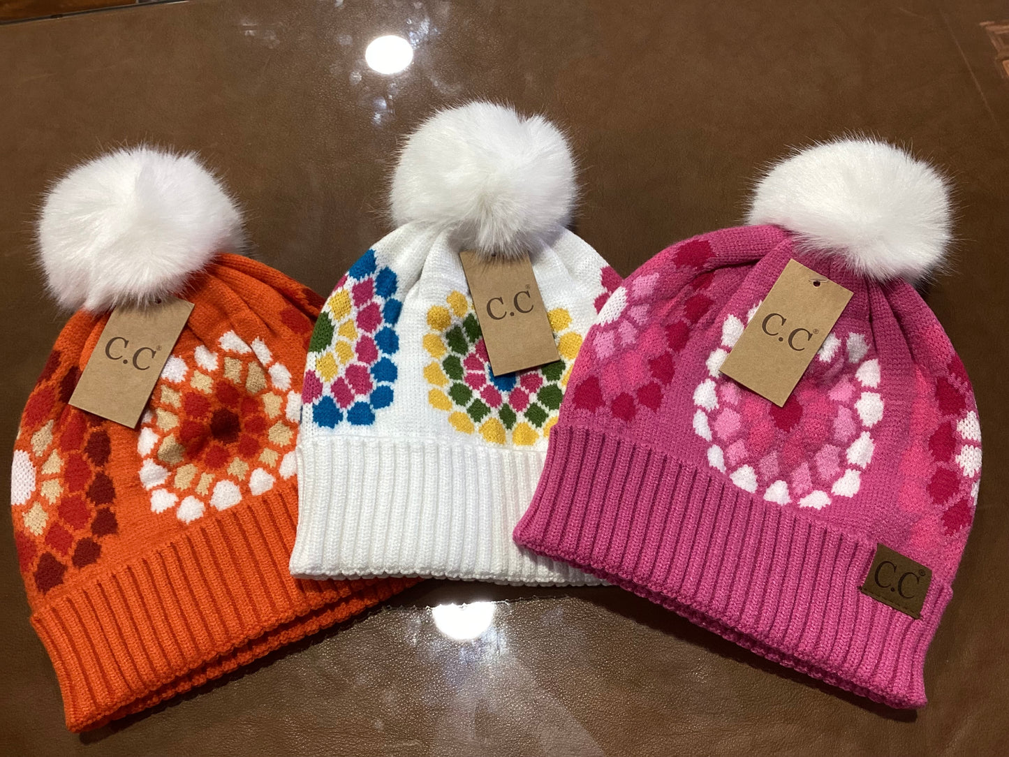 Flower Pattern Pom CC Beanie