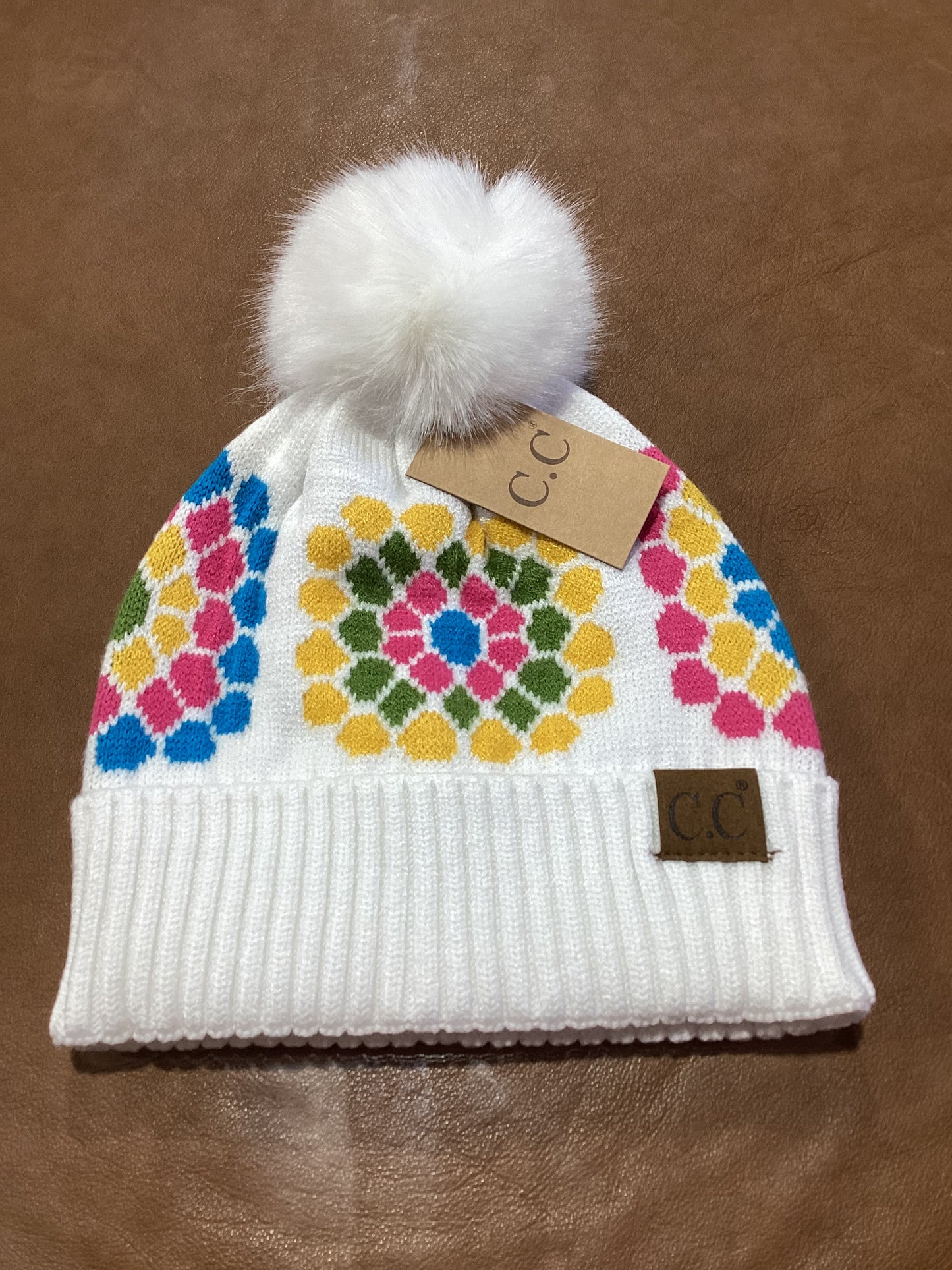 Flower Pattern Pom CC Beanie