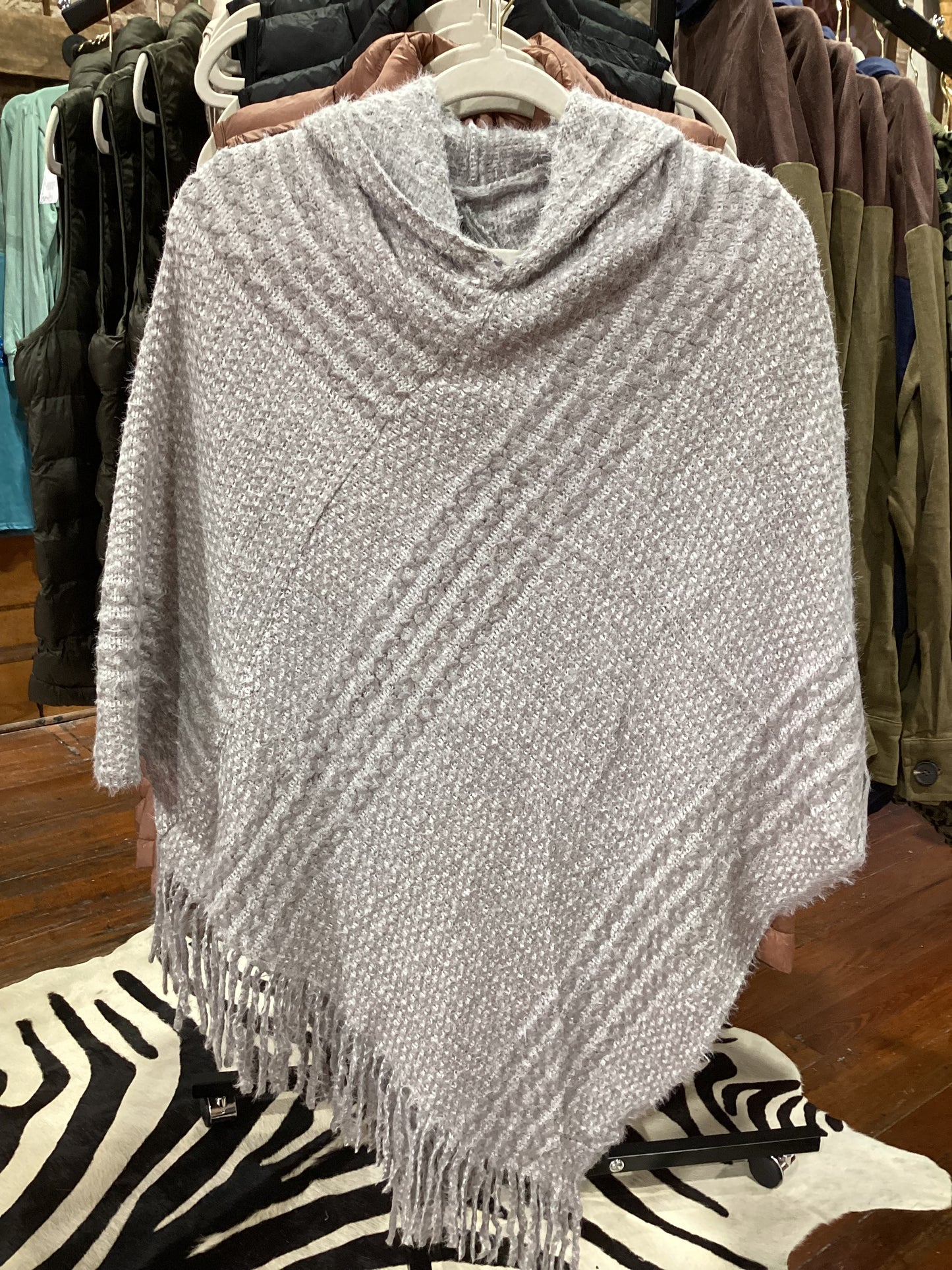 Chloe & Lex Fringed Grey Hooded Poncho