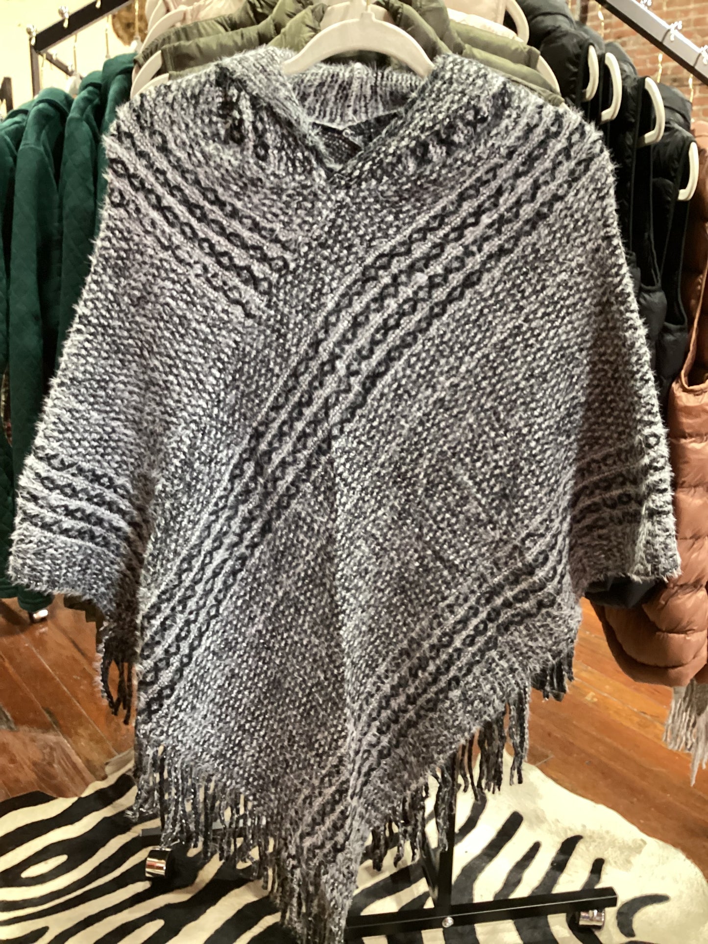 Chloe & Lex Fringed Black Hooded Poncho