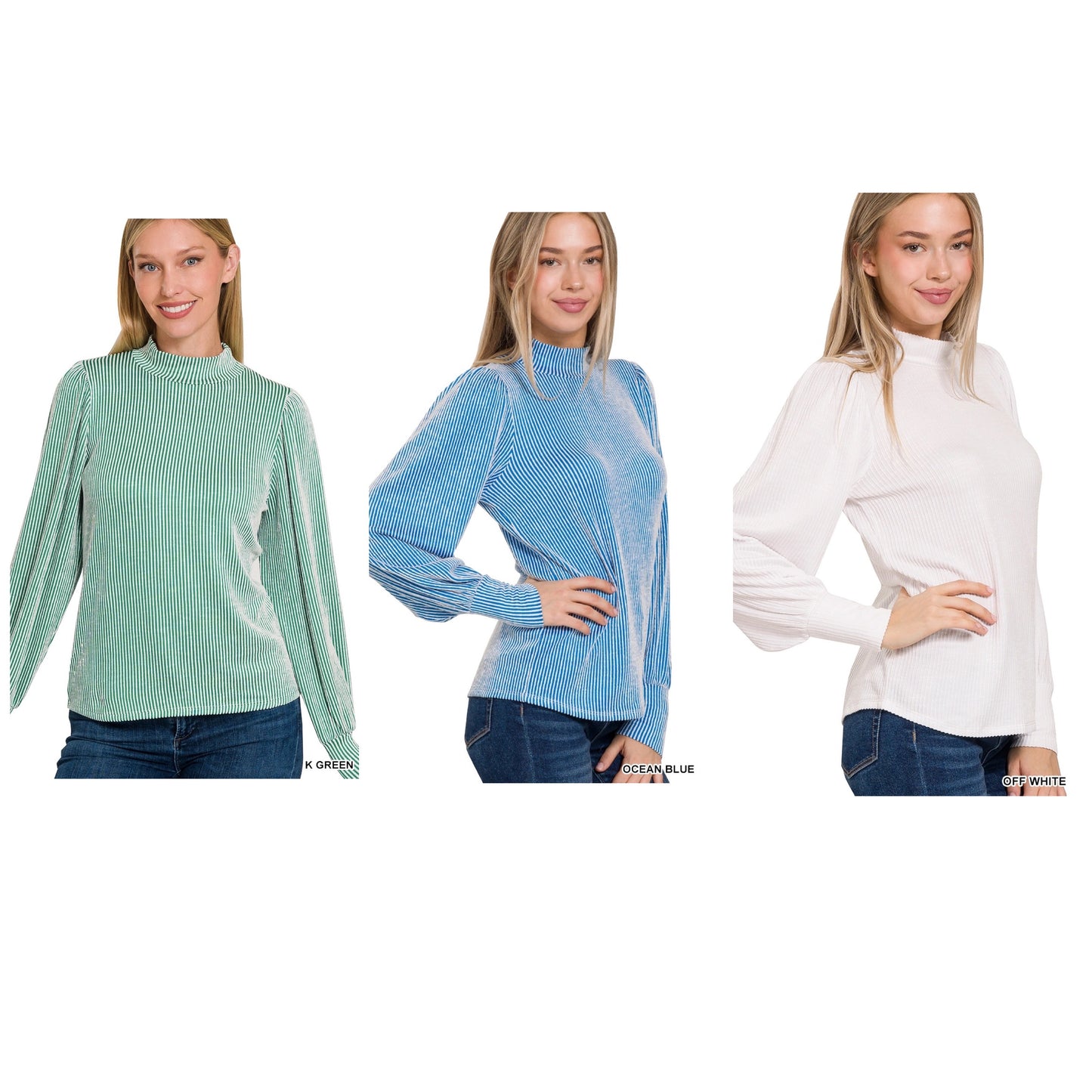 Zenana Ribbed Mock Neck Puff Long Sleeve Top