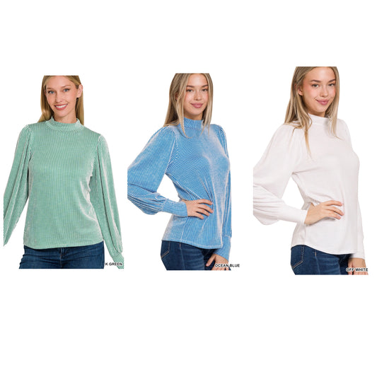 Zenana Ribbed Mock Neck Puff Long Sleeve Top