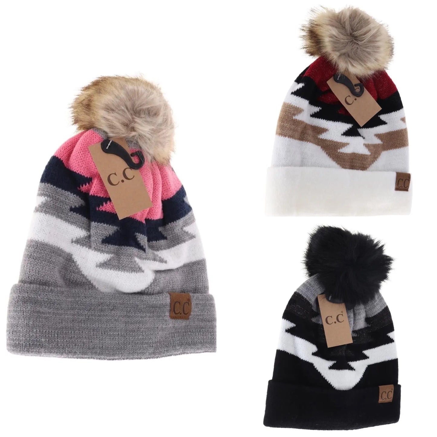 CC Beanie Aztec Faux Fur Pom
